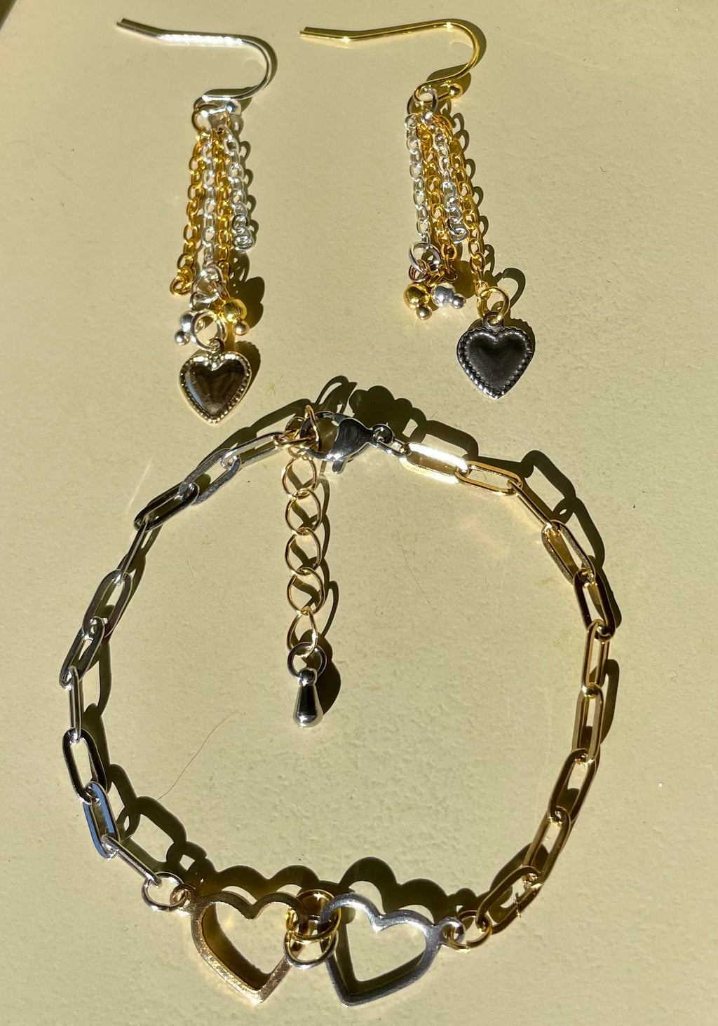 Gold Plated Silver Plated Mix and Match Heart Set - Two Tone Paperclip Bracelet, Multi Chain Heart Drop Earrings, Mixed Metal Jewelry Set- SublimeDesignsBySuzie
