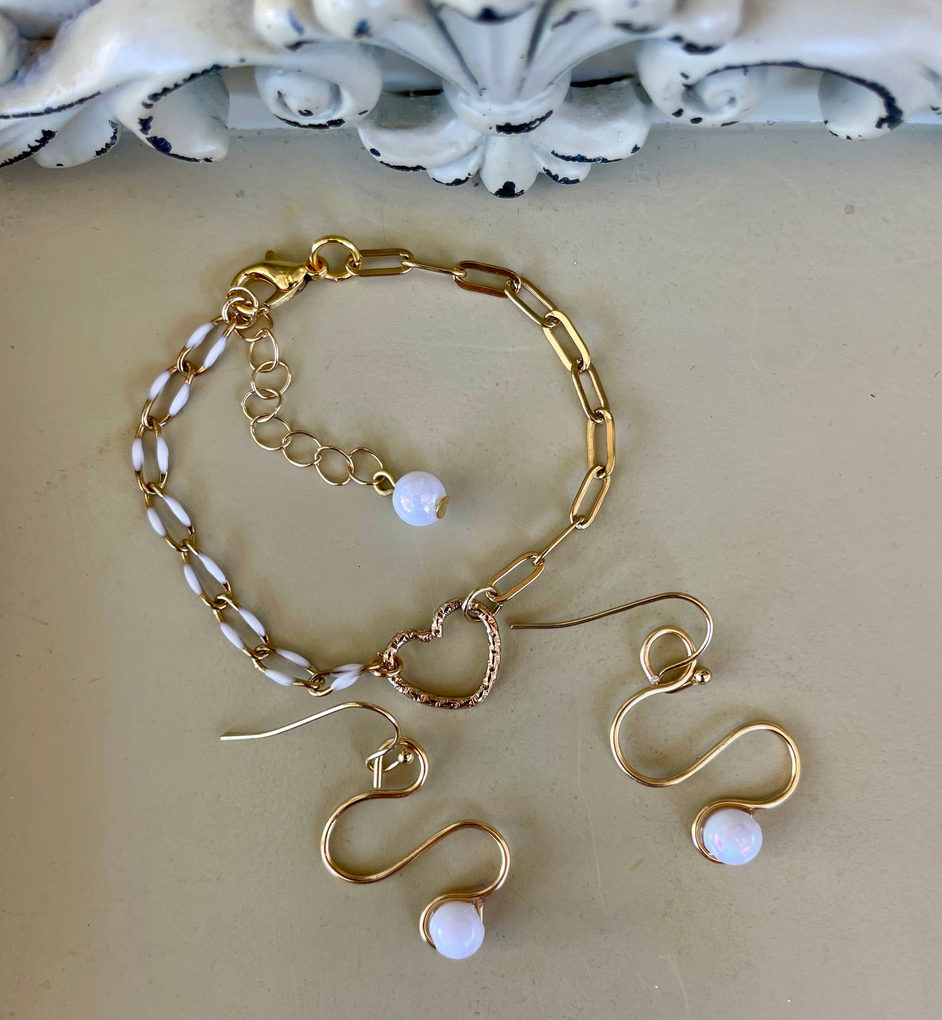 18K Gold Plated PVD Enamel & Opal Mix & Match Mixed Link Jewelry Set - Chunky Paperclip Bracelet Heart Clasp + Opal Dangle Earrings-SublimeDesignsBySuzie