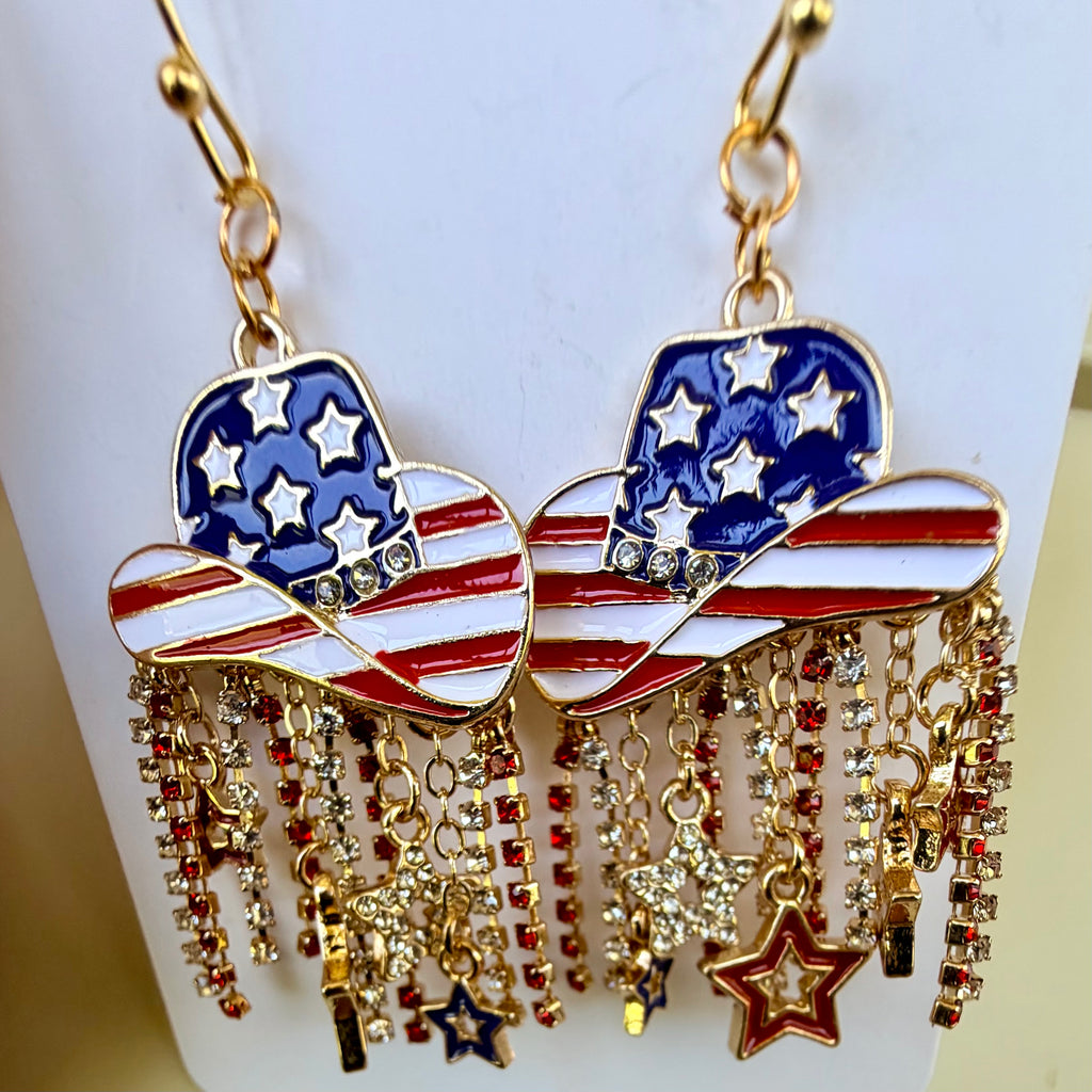 Western Patriotic Jewelry Set: 4th of July Beaded Bracelet & American Flag Cowboy Hat Dangle Earrings with Rhinestones