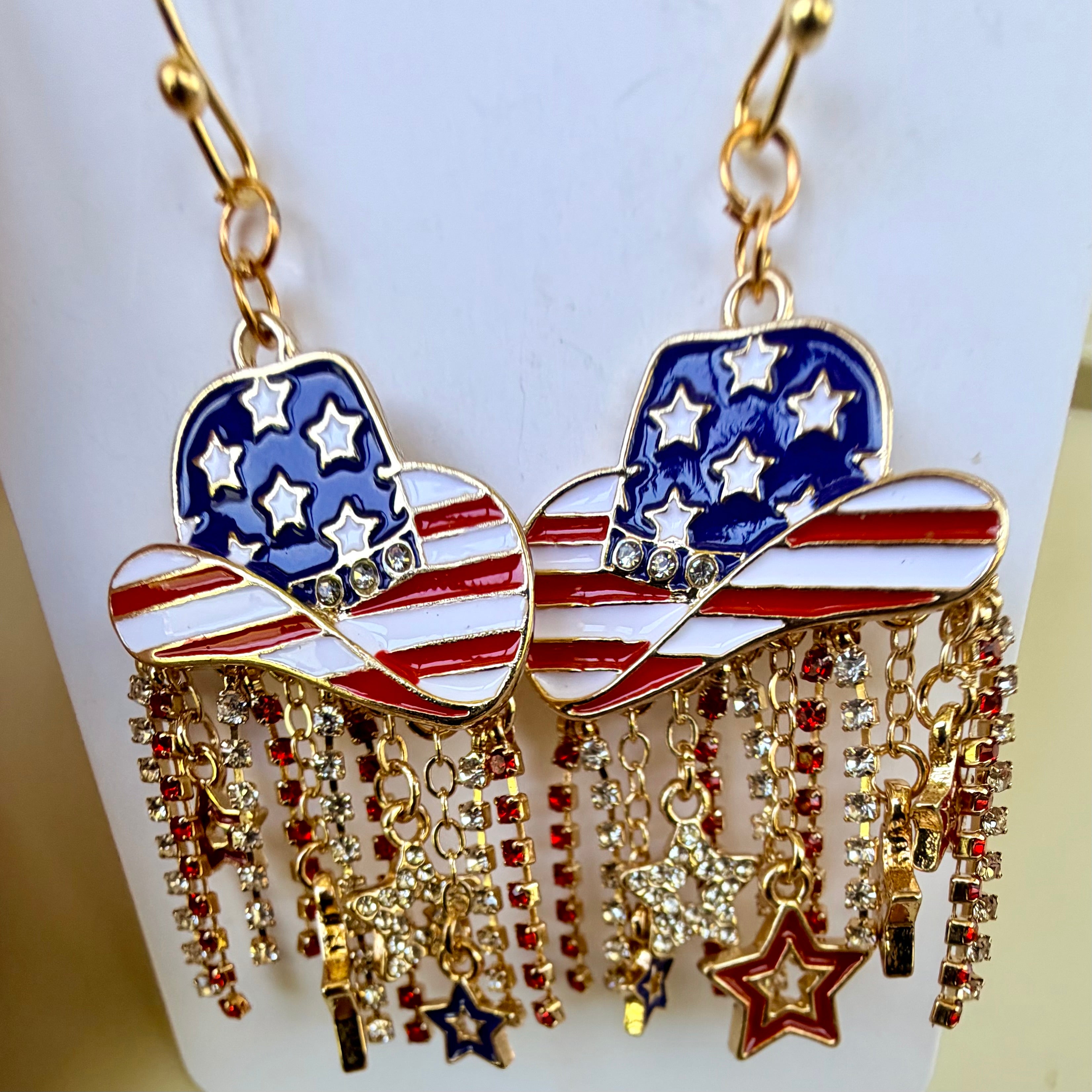 Western Patriotic Jewelry Set: 4th of July Beaded Bracelet & American Flag Cowboy Hat Dangle Earrings with Rhinestones