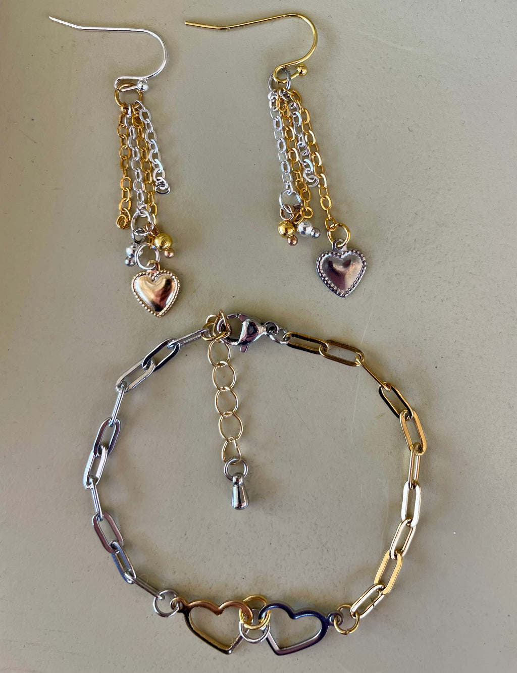 Gold Plated Silver Plated Mix and Match Heart Set - Two Tone Paperclip Bracelet, Multi Chain Heart Drop Earrings, Mixed Metal Jewelry Set- SublimeDesignsBySuzie