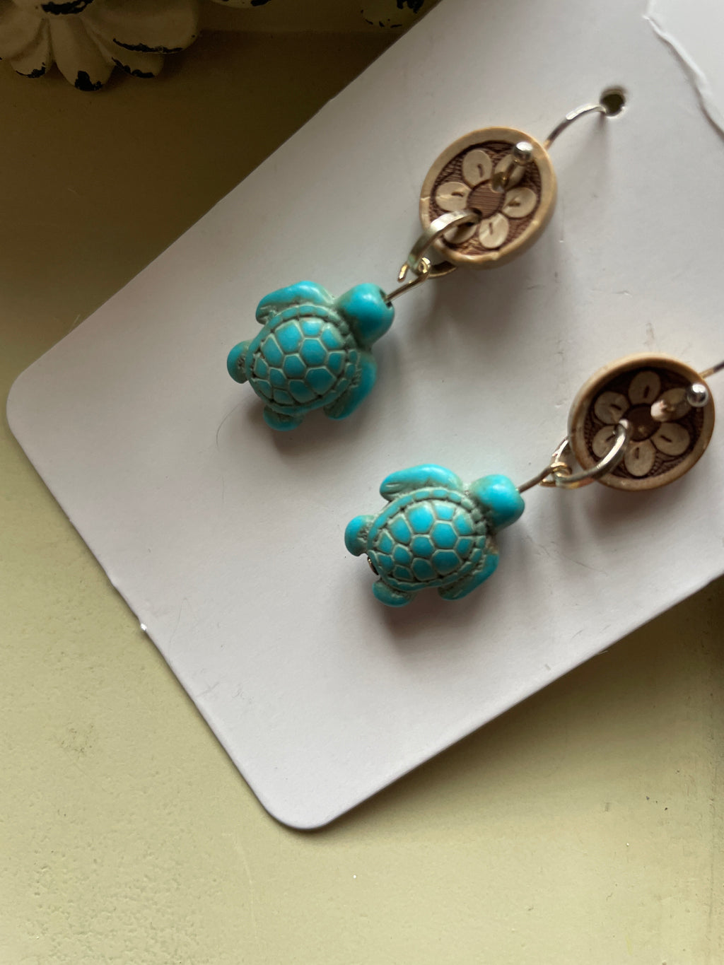 Turquoise Turtle with Flower wooden disc Earrings