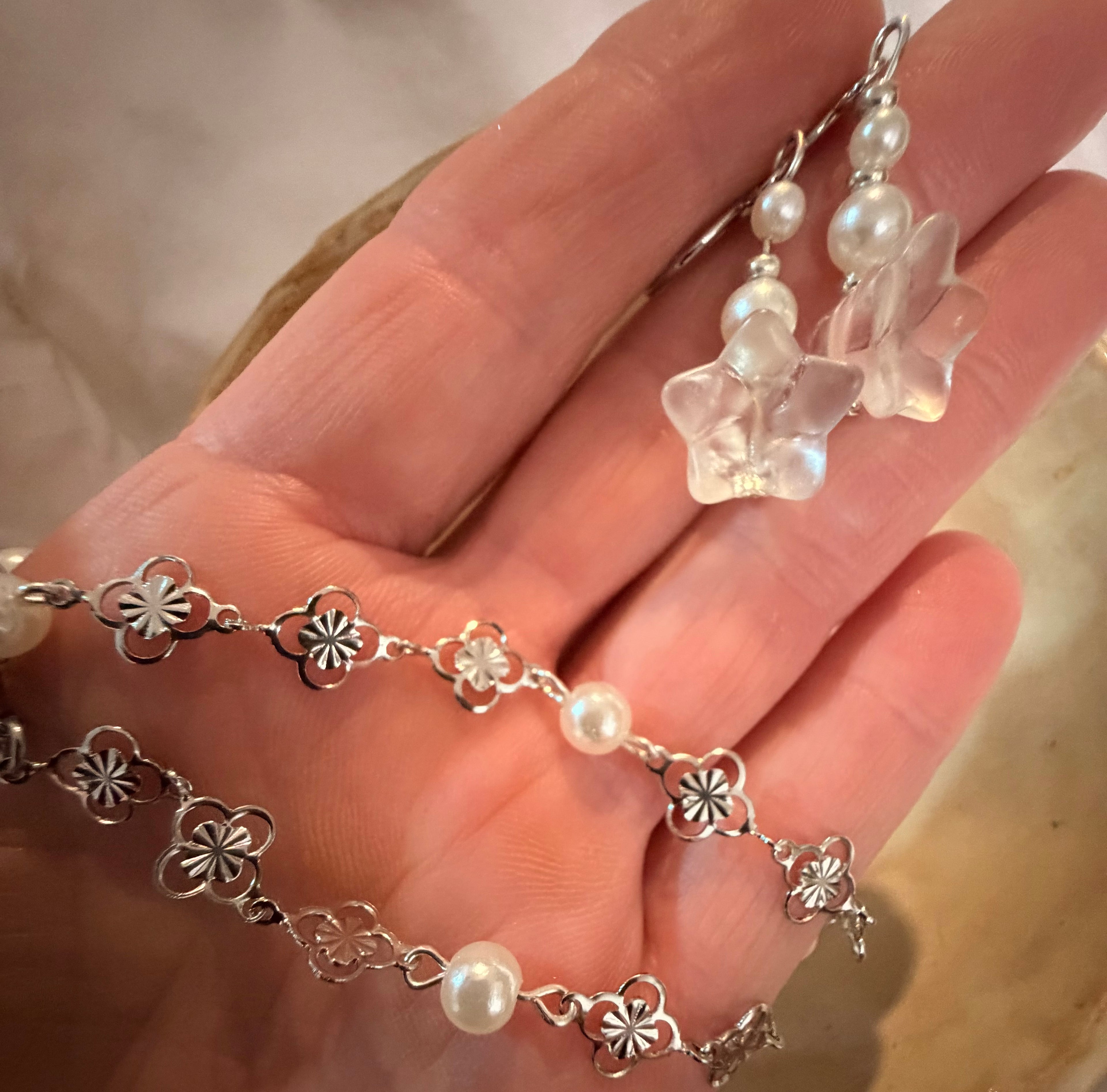 Silver Plated Non-Pierced Ear Cuff Set with Star Charms & Convertible Pearl Flower Bracelet Anklet
