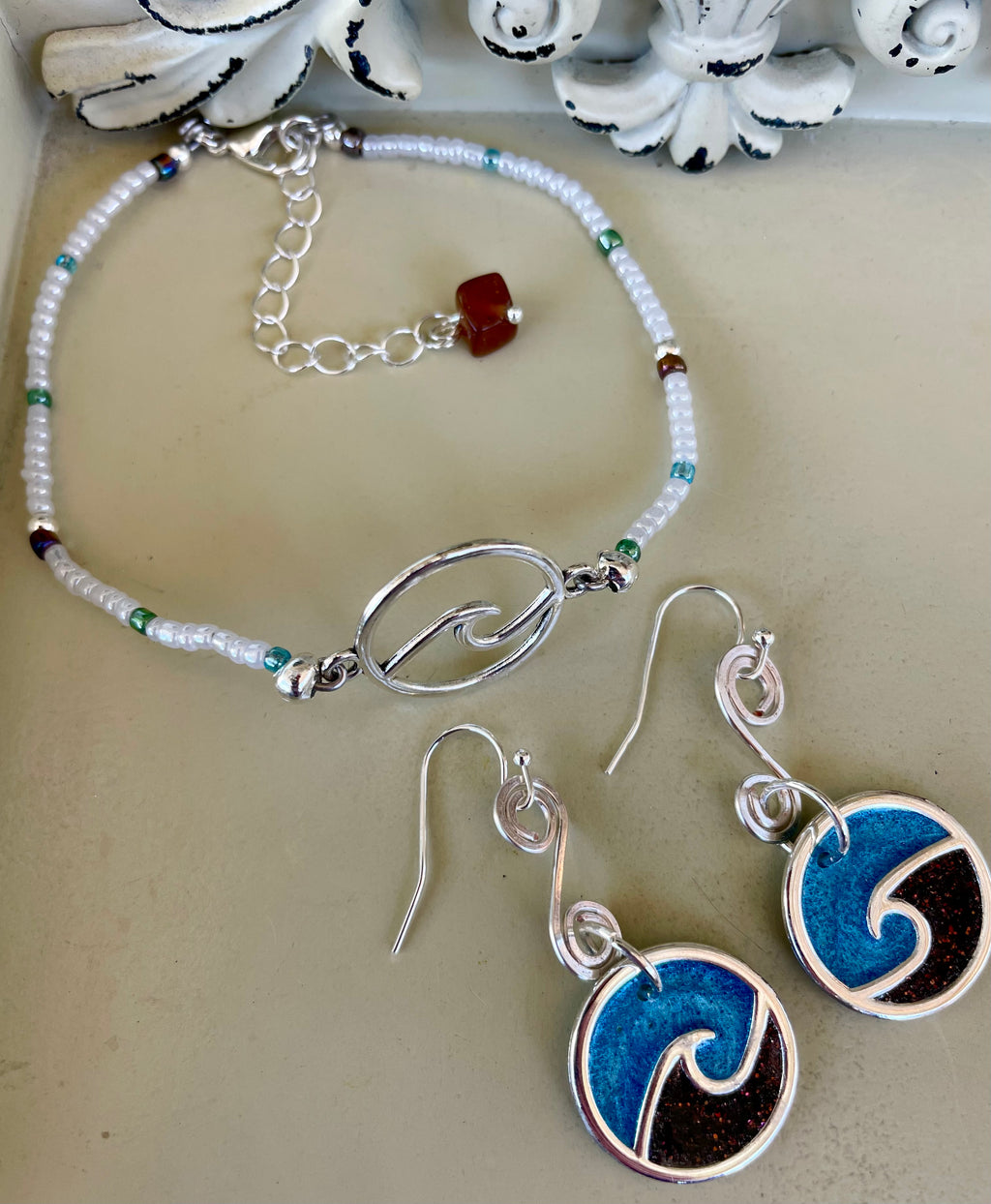 Ocean Inspired Silver Plated Set - Enamel Blue Wave Earrings, Pearl Beaded Bracelet with Brown Gem Charm, Coastal Jewelry-SublimeDesignsBySuzie