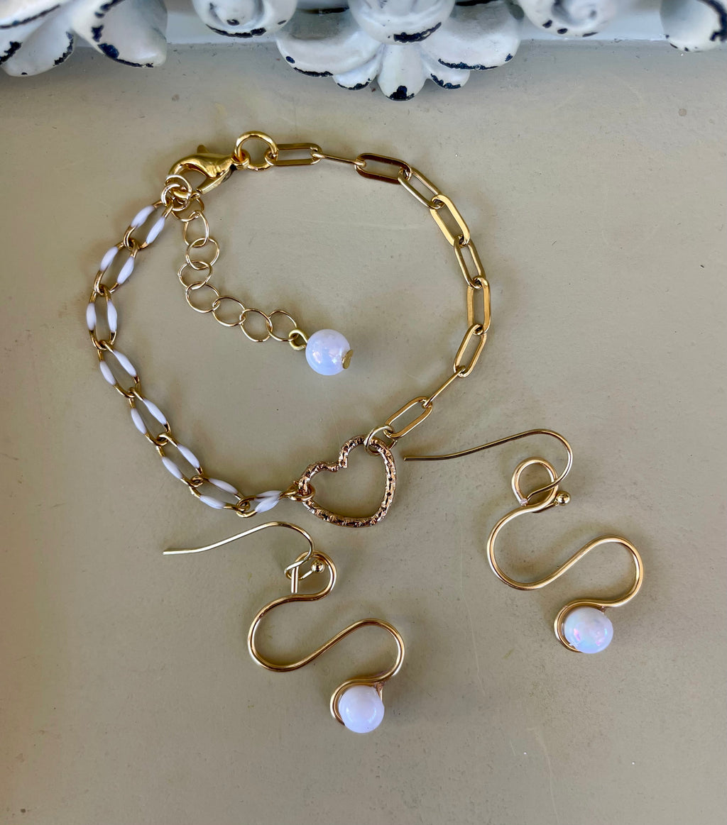18K Gold Plated PVD Enamel & Opal Mix & Match Mixed Link Jewelry Set - Chunky Paperclip Bracelet Heart Clasp + Opal Dangle Earrings-SublimeDesignsBySuzie