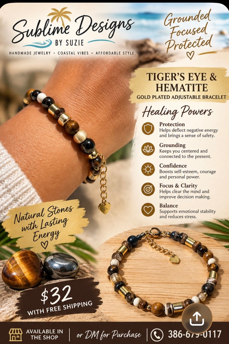 Gold Plated Tiger’s Eye & Hematite Adjustable Bracelet
