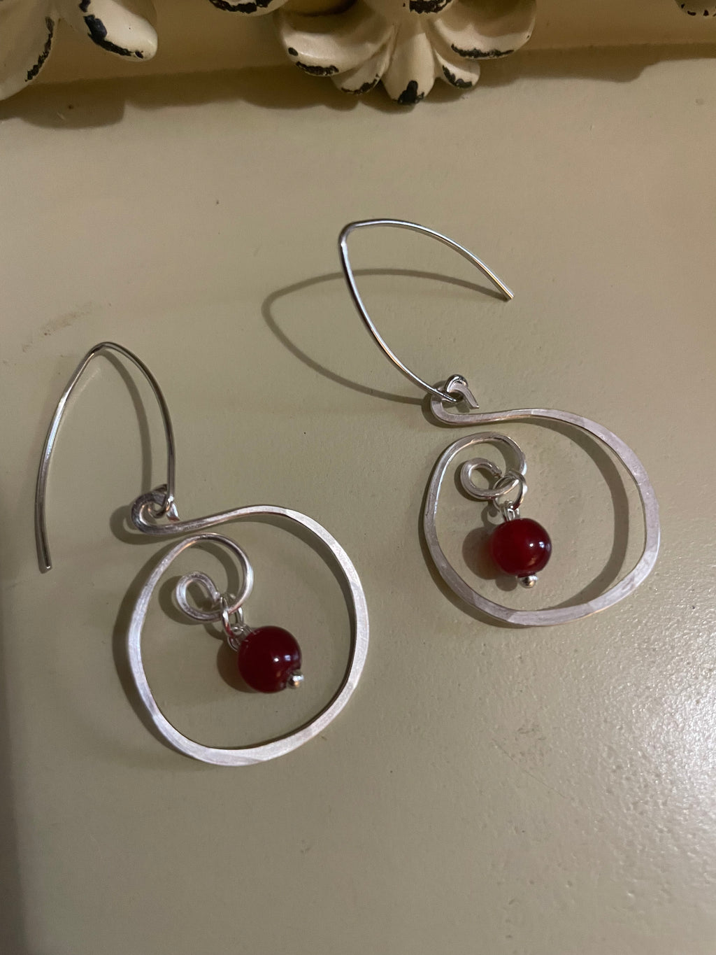 Cherry Red Glass Drop Swirl Earrings in Stainless