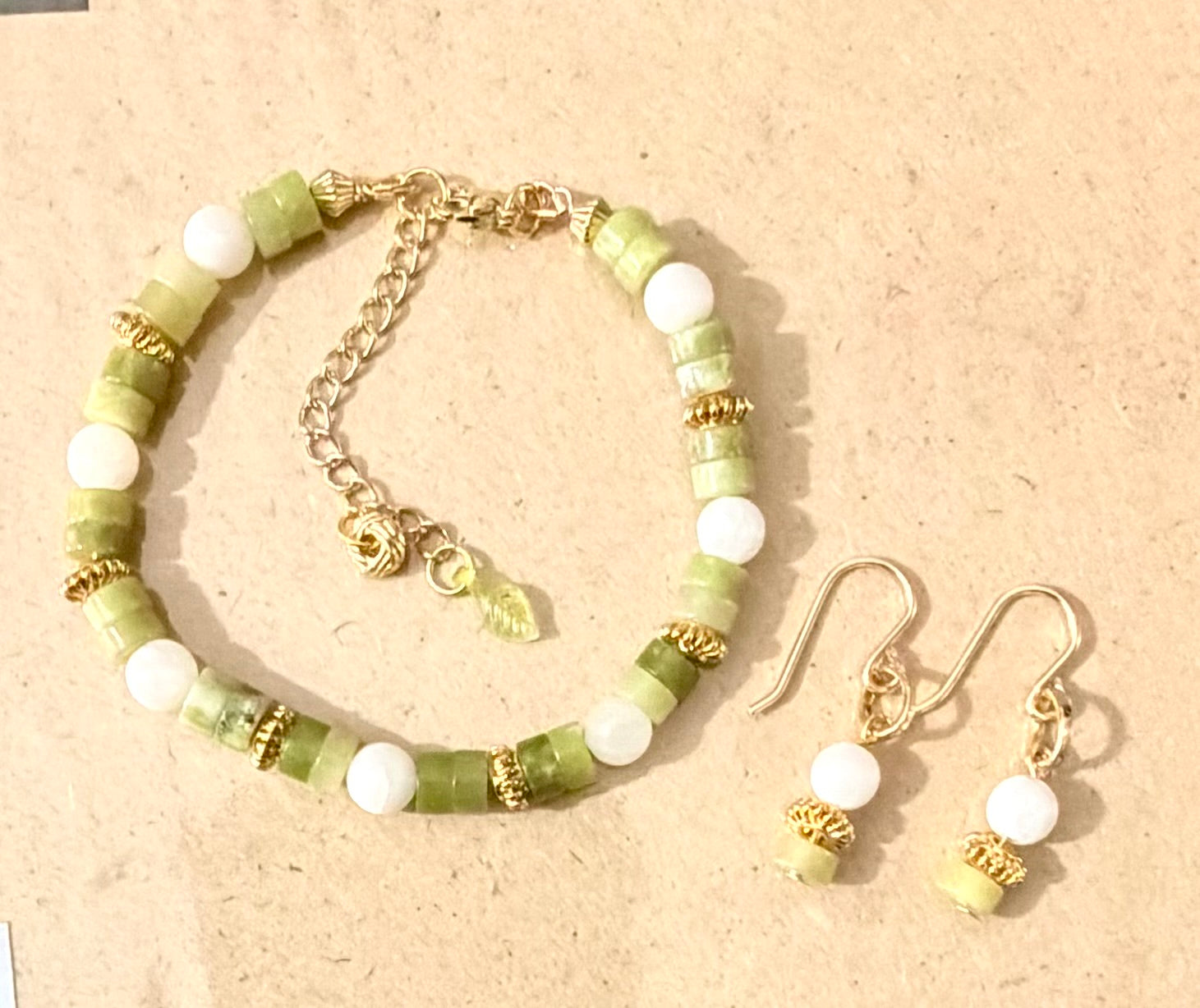 Natural Green Jade and White Quartz Beaded Jewelry Set with 18K Gold Plated Accents