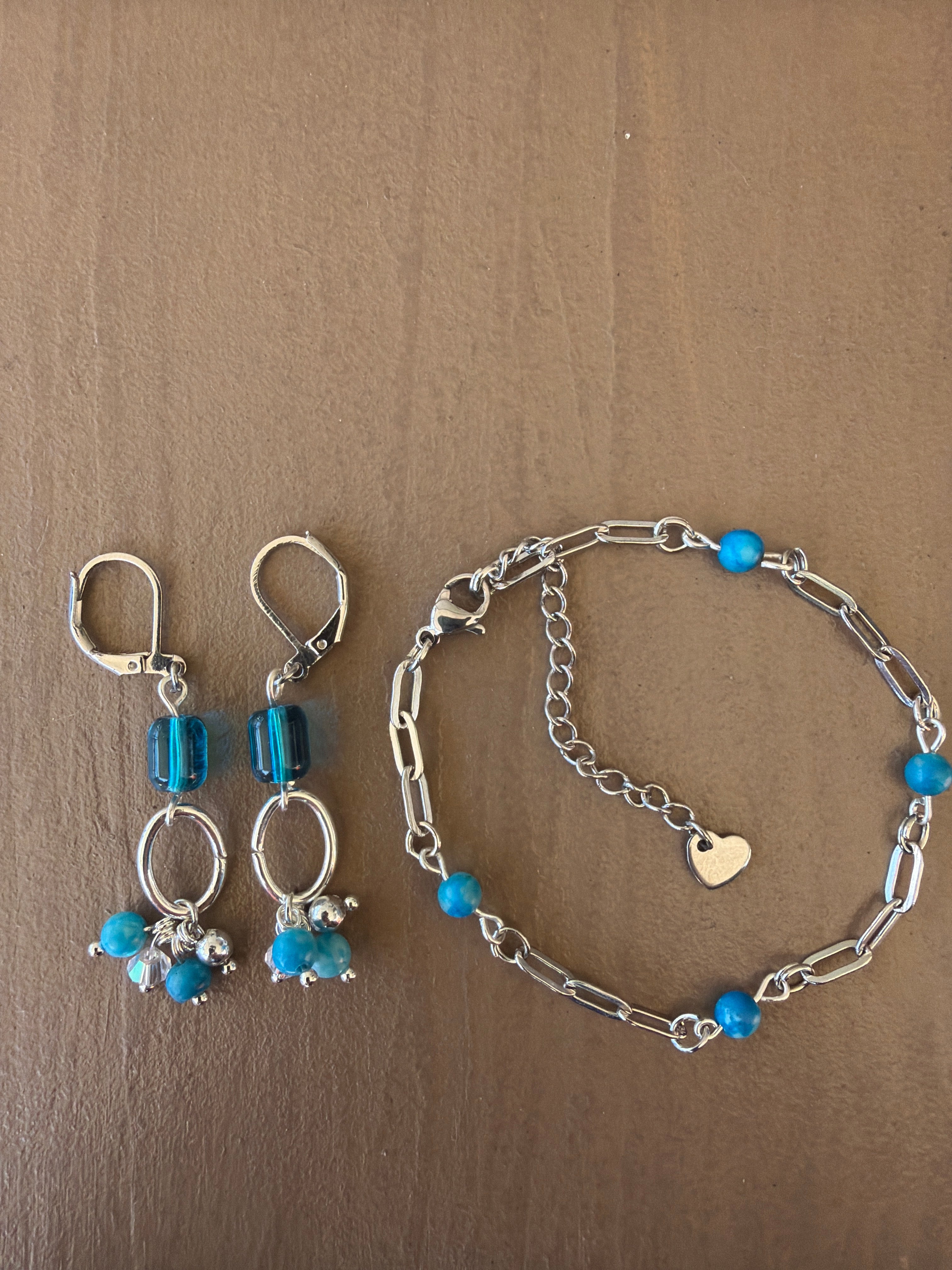Aqua Lagoon Teal Blue Jewelry Set- Earrings & Paperclip Bracelet- by Suzie with Sublime Designs