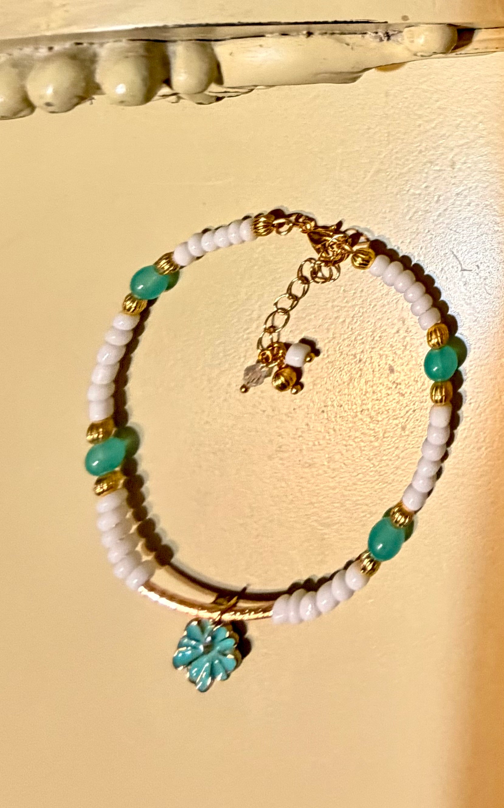 Handmade Turquoise & White Boho Bracelet/Anklet with Flower Charm by Suzie with Sublime Designs