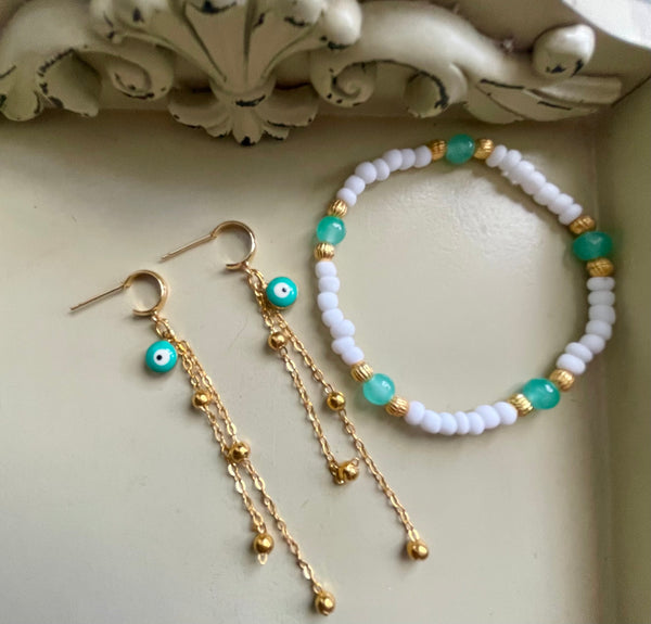 Gold Plated Evil Eye Bracelet & Earrings Set – Turquoise Protection Jewelry, White Beaded Nazar Charm, Handmade Boho Gift for Women- By Suzie w/ Sublime Designs