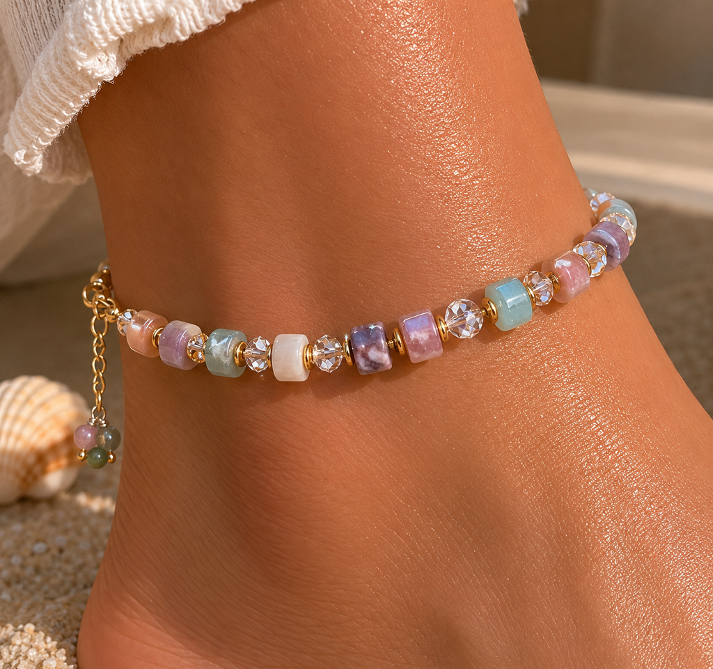 Genuine Amazonite Gemstone Anklet – Luxury Healing Crystal Ankle Bracelet 18k GP