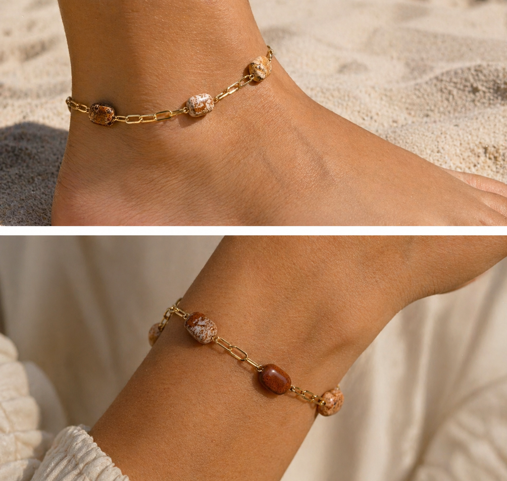 Cuboid Jasper Paperclip Anklet in warm Brown tones