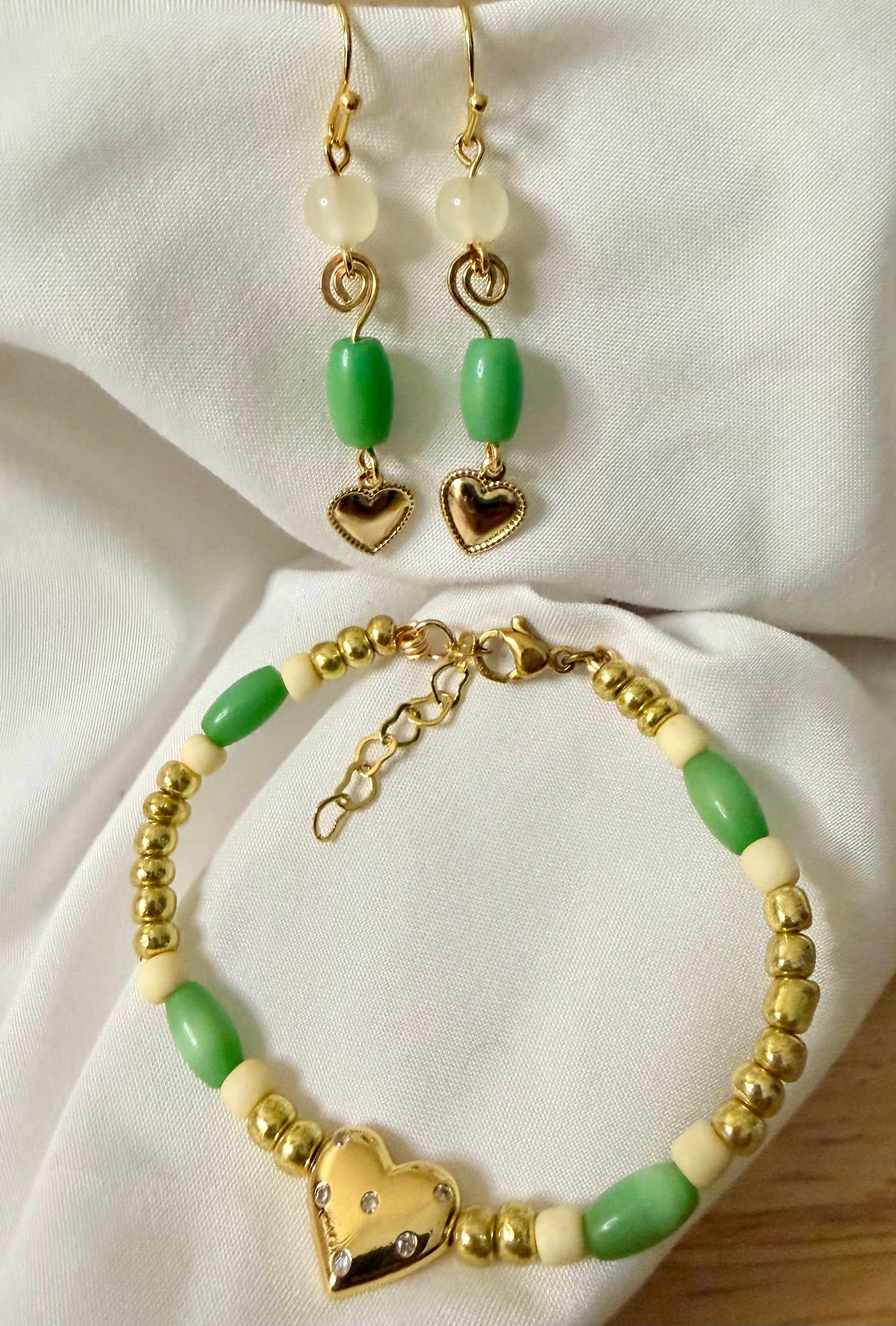 14K Gold Plated Cubic Zirconia Heart Set - Green Bead Dangle Earrings & Bracelet with CZ Heart Charm by SublimeDesignsBySuzie in Holly Hill - SublimeDesignsBySuzie