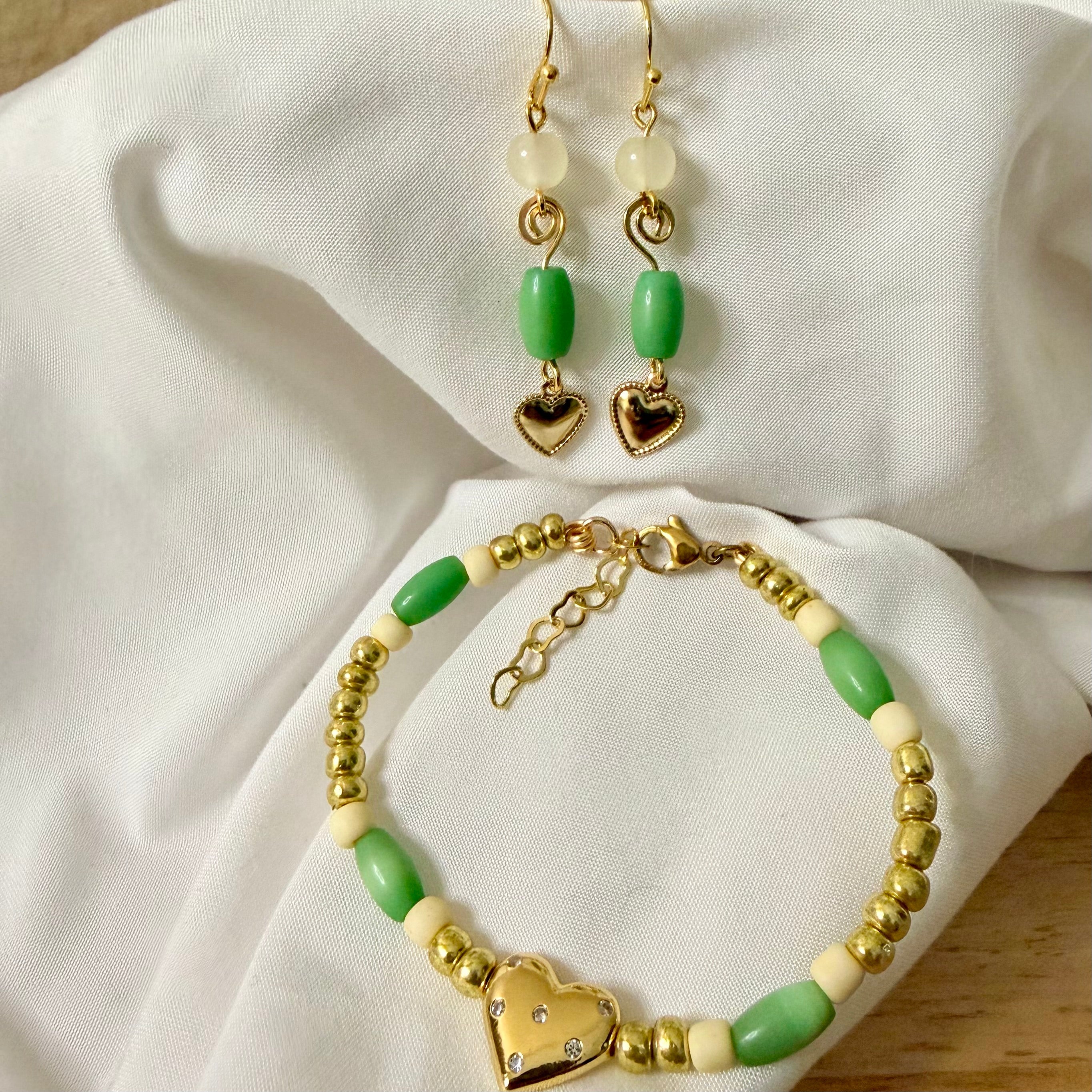 14K Gold Plated Cubic Zirconia Heart Set - Green Bead Dangle Earrings & Bracelet with CZ Heart Charm by SublimeDesignsBySuzie in Holly Hill - SublimeDesignsBySuzie