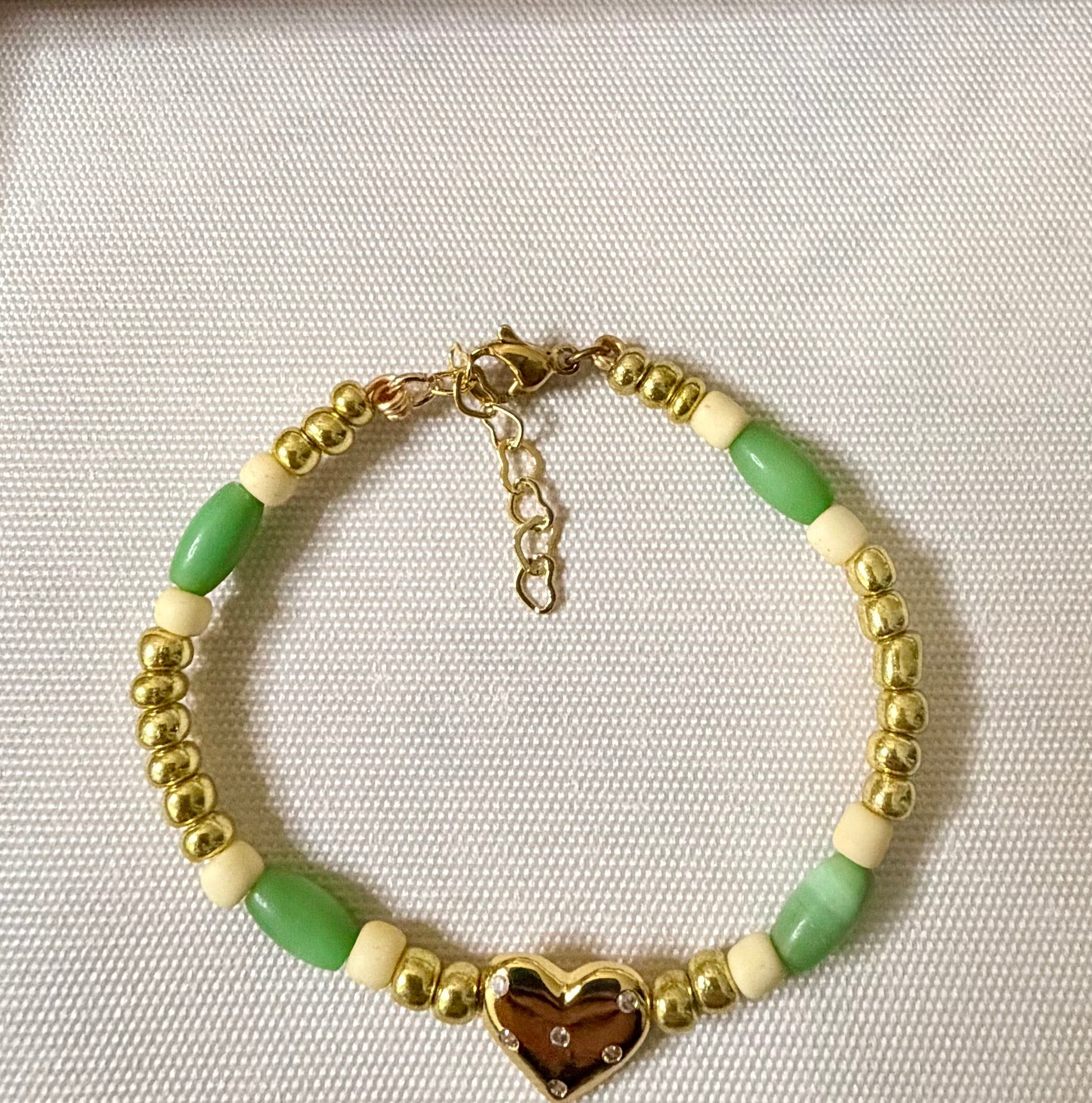 14K Gold Plated Cubic Zirconia Heart Set - Green Bead Dangle Earrings & Bracelet with CZ Heart Charm by SublimeDesignsBySuzie in Holly Hill - SublimeDesignsBySuzie