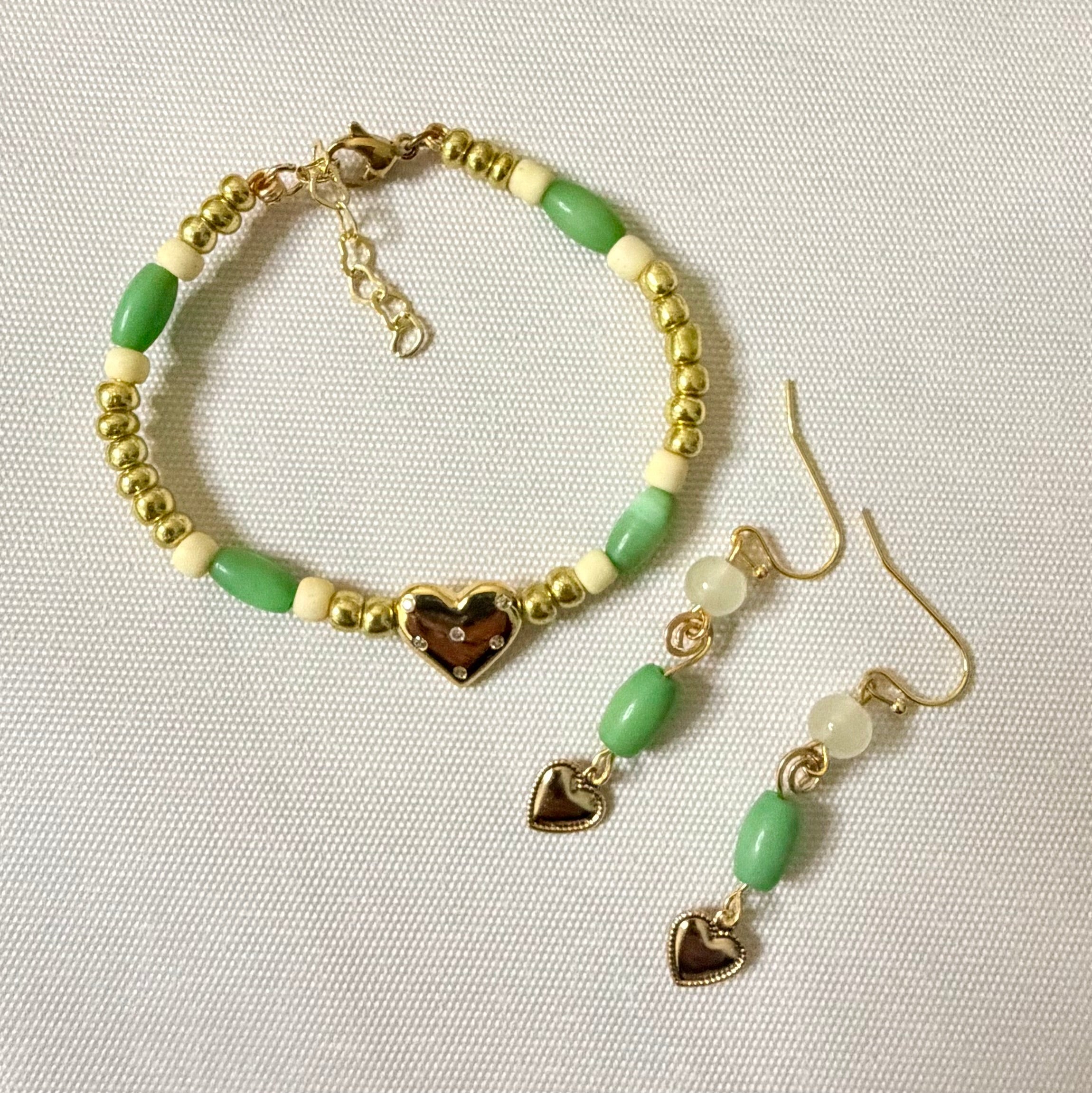 14K Gold Plated Cubic Zirconia Heart Set - Green Bead Dangle Earrings & Bracelet with CZ Heart Charm by SublimeDesignsBySuzie in Holly Hill - SublimeDesignsBySuzie
