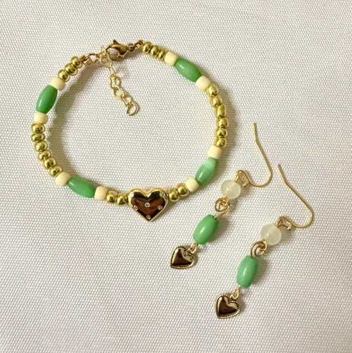 14K Gold Plated Cubic Zirconia Heart Set - Green Bead Dangle Earrings & Bracelet with CZ Heart Charm by SublimeDesignsBySuzie in Holly Hill - SublimeDesignsBySuzie