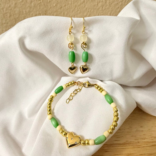 14K Gold Plated Cubic Zirconia Heart Set - Green Bead Dangle Earrings & Bracelet with CZ Heart Charm by SublimeDesignsBySuzie in Holly Hill - SublimeDesignsBySuzie