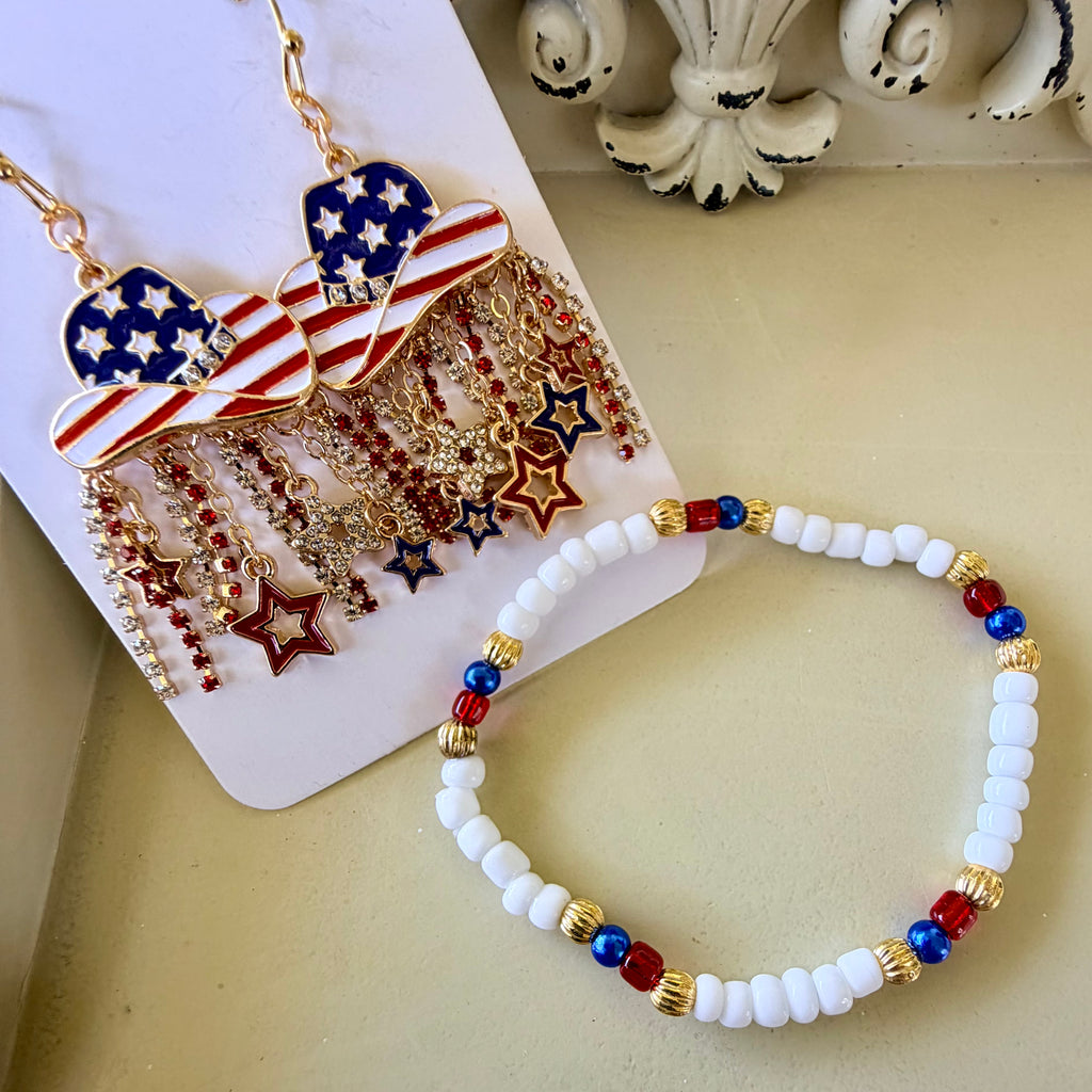 Western Patriotic Jewelry Set: 4th of July Beaded Bracelet & American Flag Cowboy Hat Dangle Earrings with Rhinestones