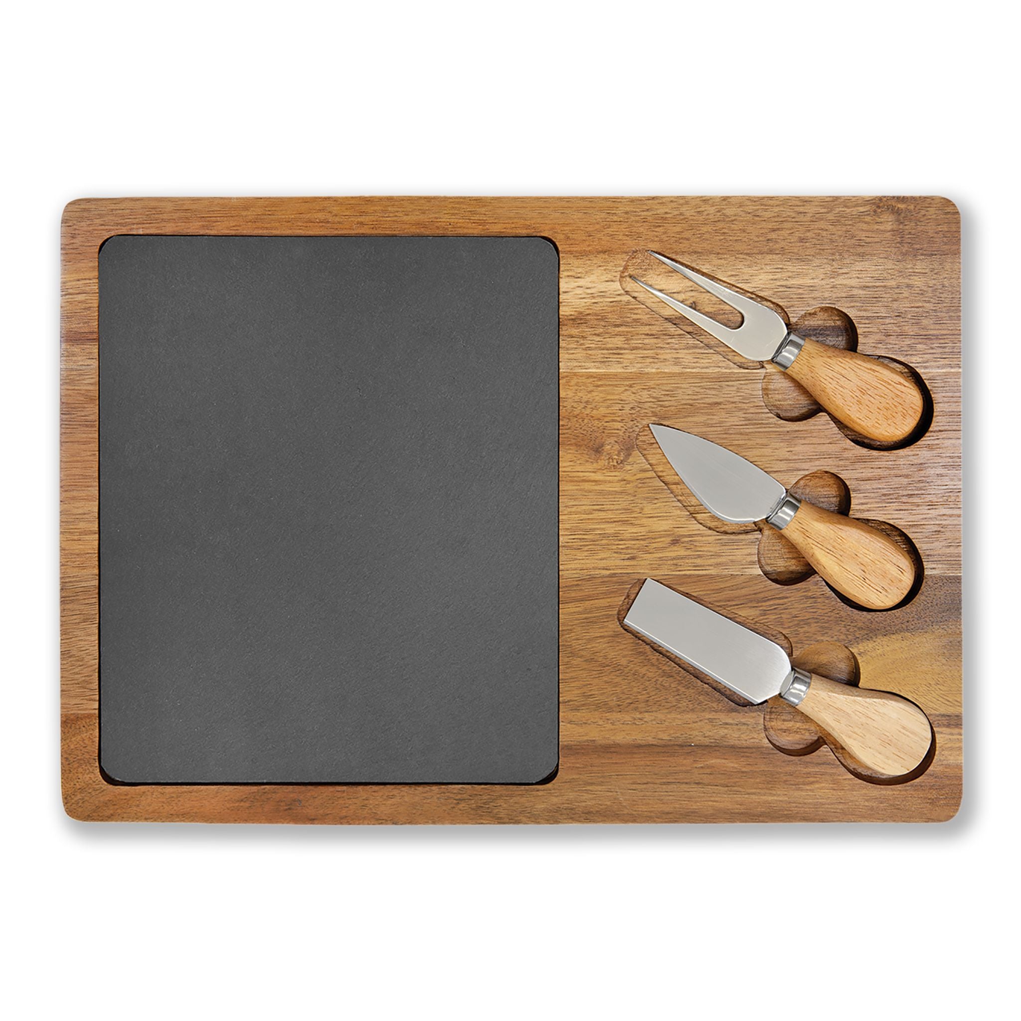 Engravable Acacia Charcuterie Board with Slate Insert & Cheese Tools- Personalized Charcuterie Boards