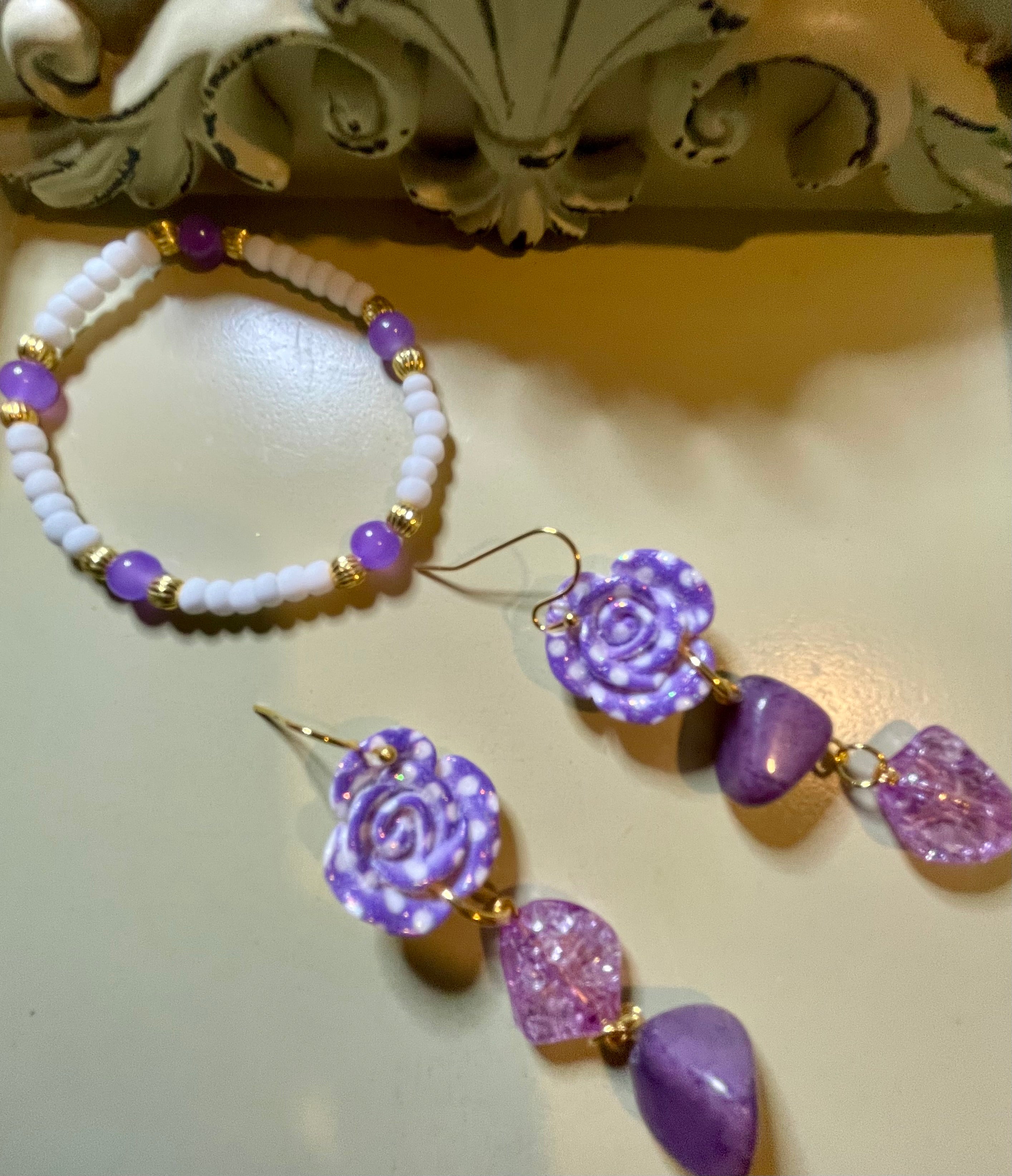Purple Rose & Crystal Drop Jewelry Set