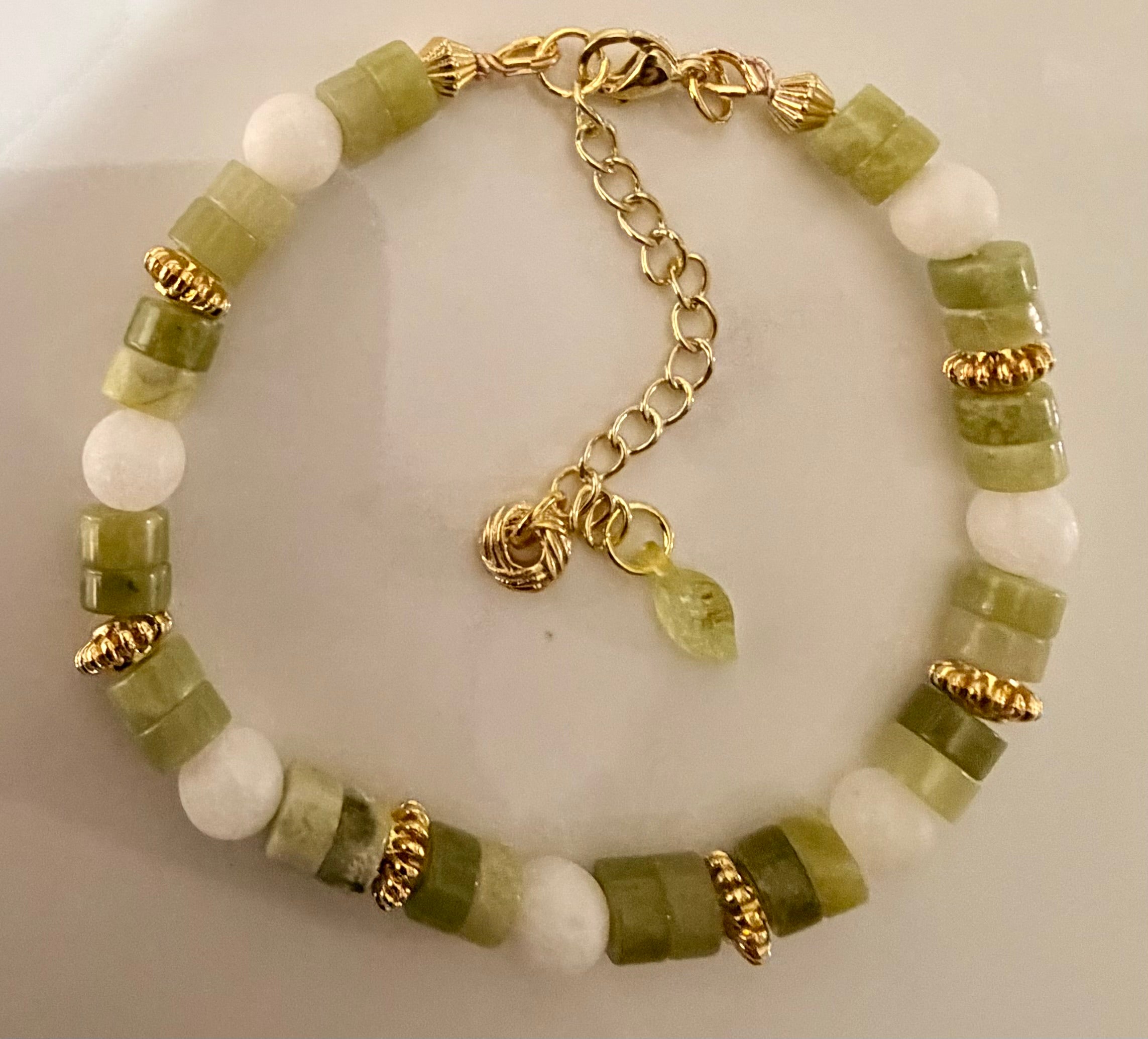 Natural Green Jade and White Quartz Beaded Jewelry Set with 18K Gold Plated Accents