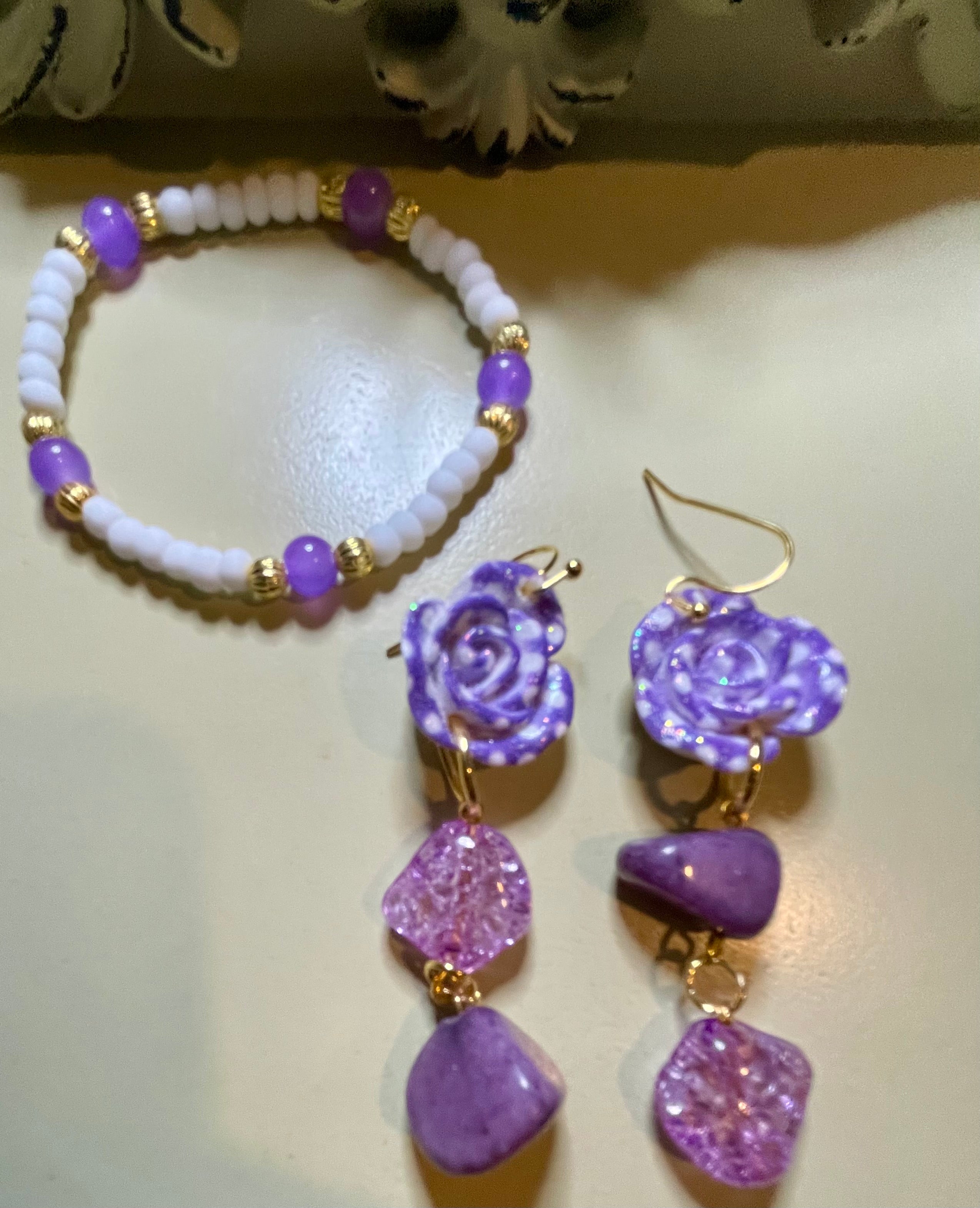 Purple Rose & Crystal Drop Jewelry Set