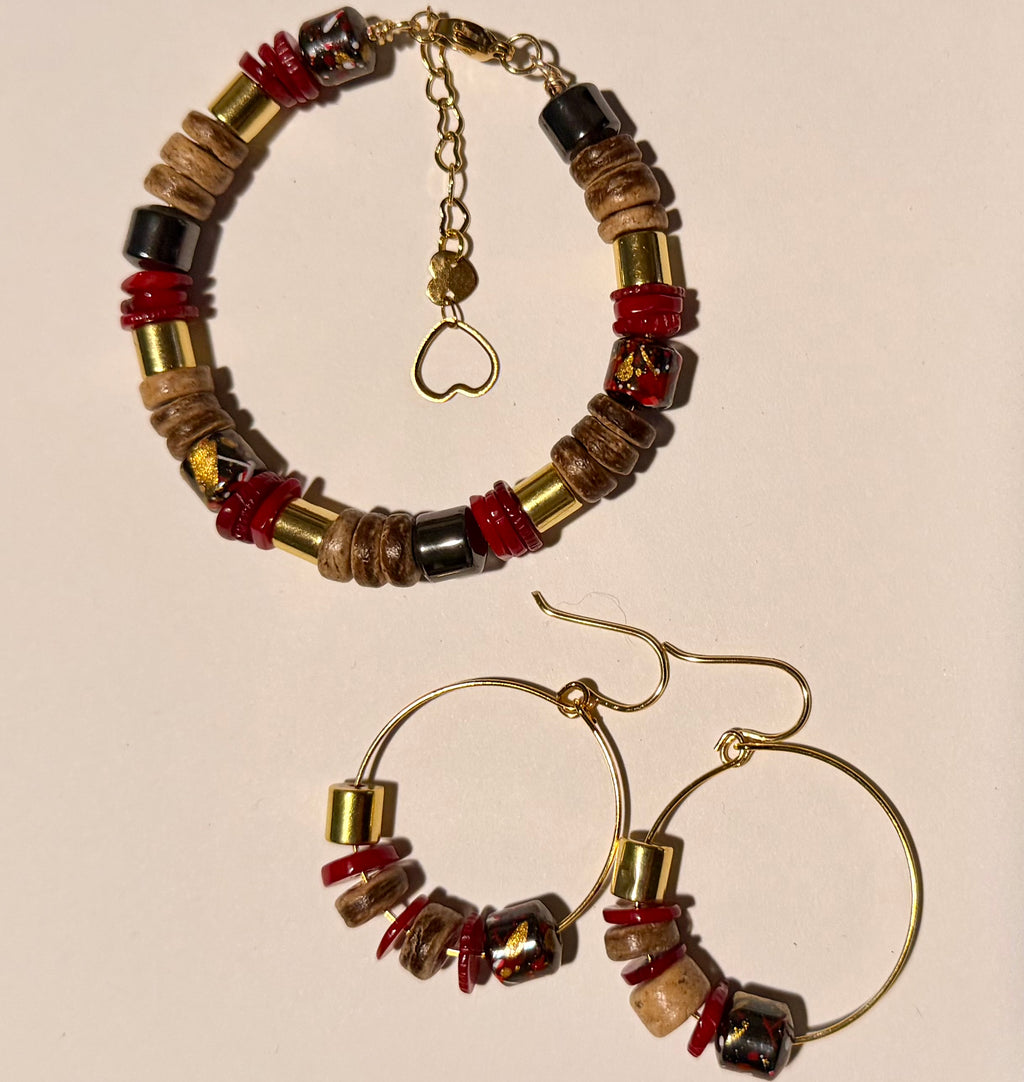 18K Gold Coral & Hematite Bracelet and Hoop Set