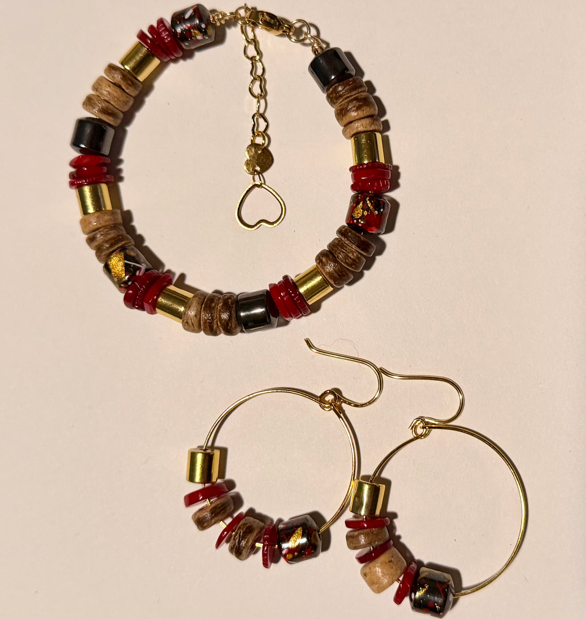 18K Gold Coral & Hematite Bracelet and Hoop Set