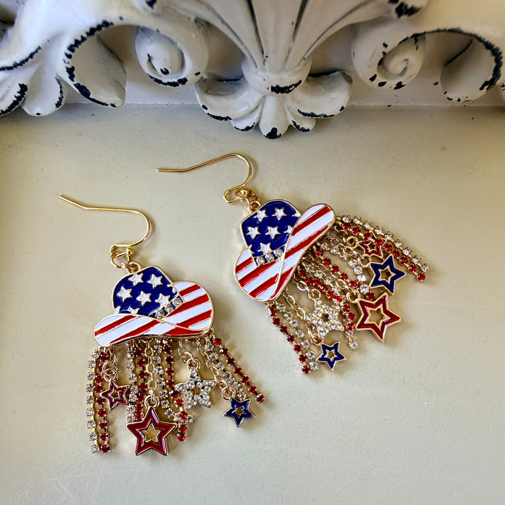 Western Patriotic Jewelry Set: 4th of July Beaded Bracelet & American Flag Cowboy Hat Dangle Earrings with Rhinestones