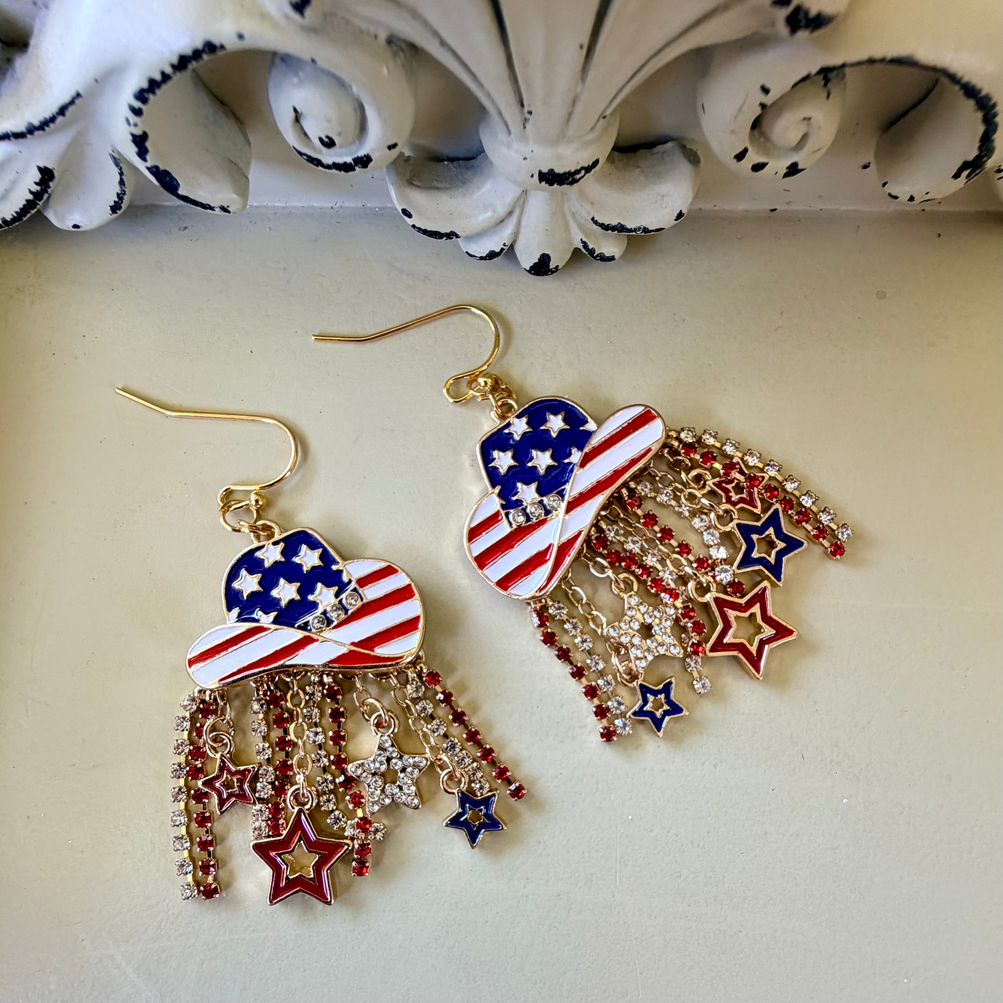 Western Patriotic Jewelry Set: 4th of July Beaded Bracelet & American Flag Cowboy Hat Dangle Earrings with Rhinestones