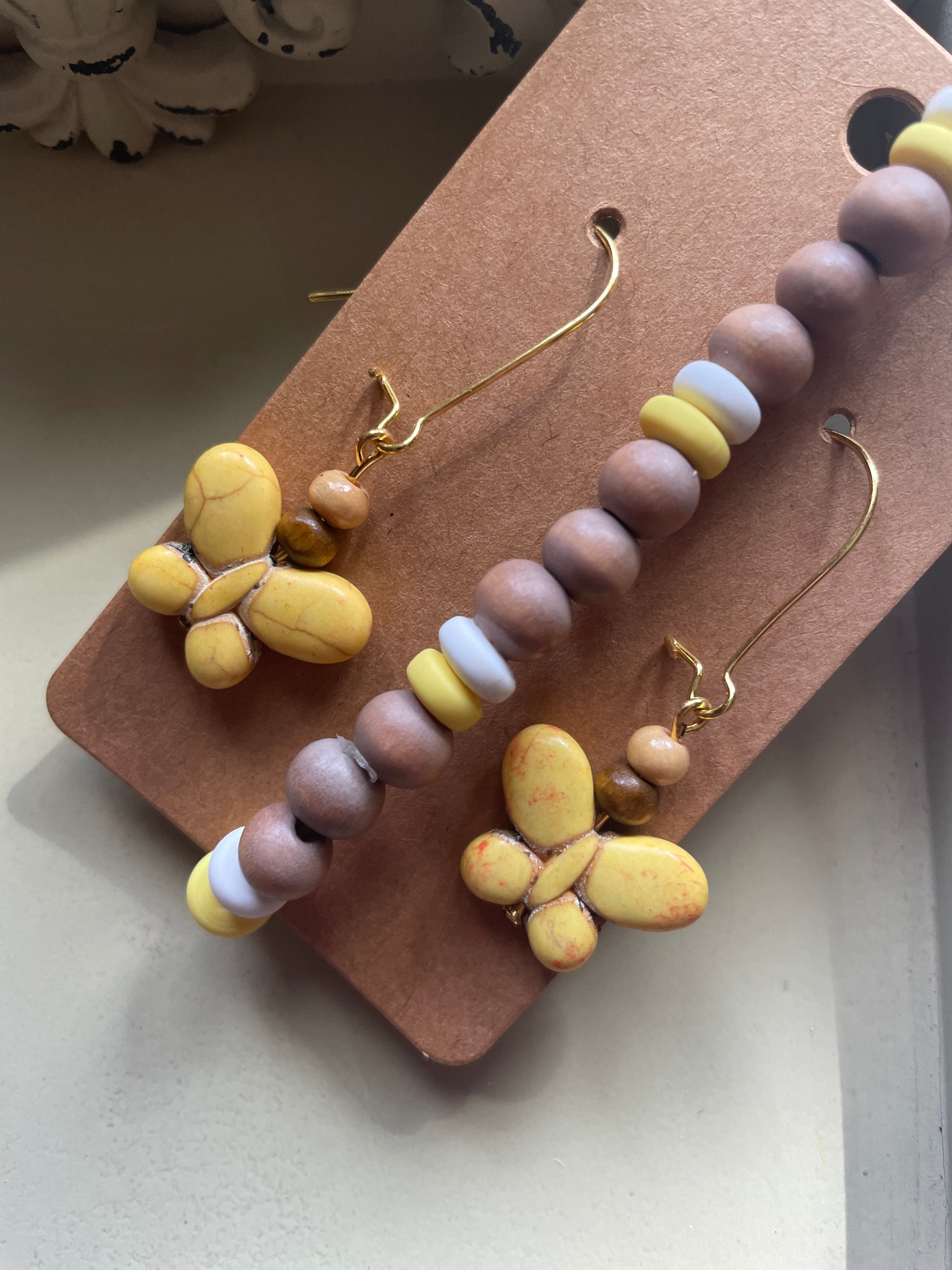 Yellow Butterflies with Gold tone and wood Beads