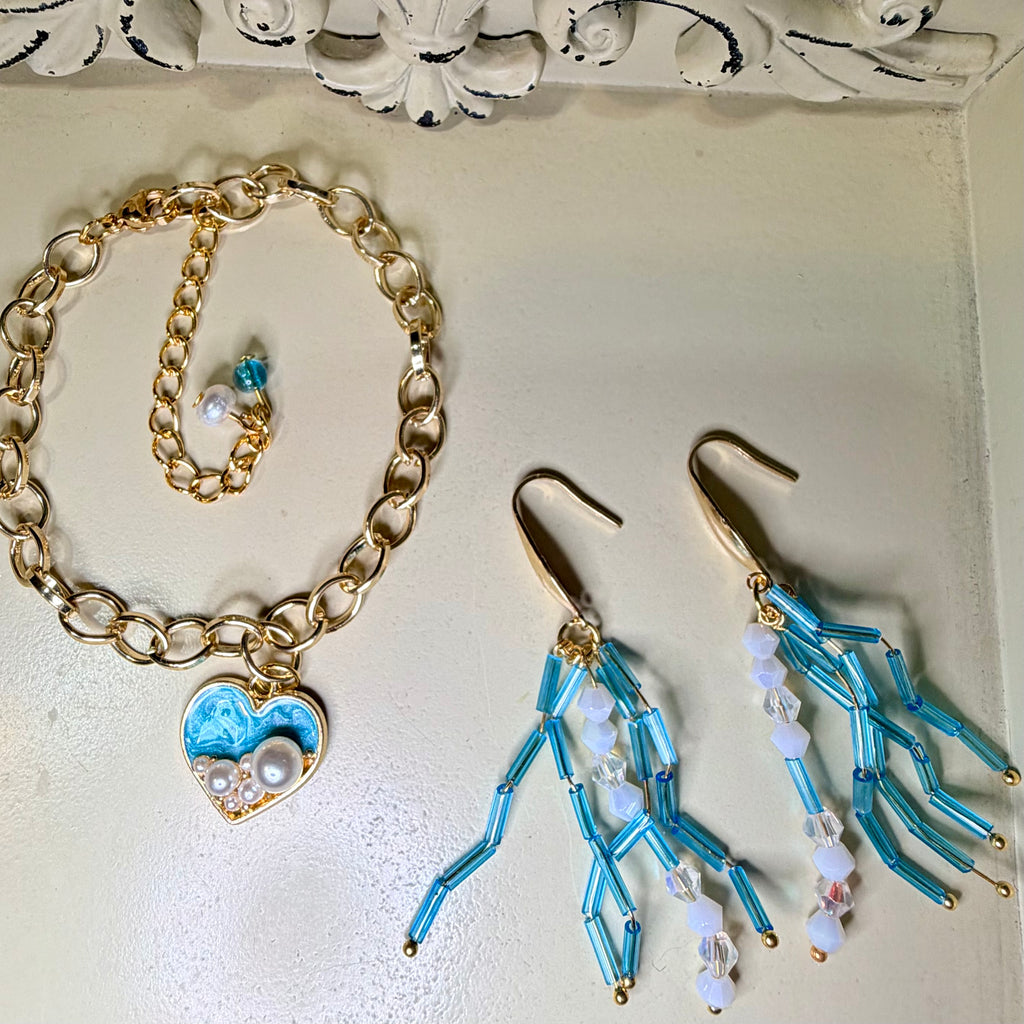 Ocean Pearl Heart Charm Jewelry Set – Turquoise Fringe Earrings & Gold Chain Bracelet by SublimeDesignsBySuzie
