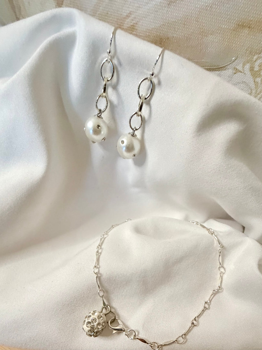 Handmade Silver Pearl & Crystal Jewelry Set- Sparkling Rhinestone Pearl by SublimeDesigns