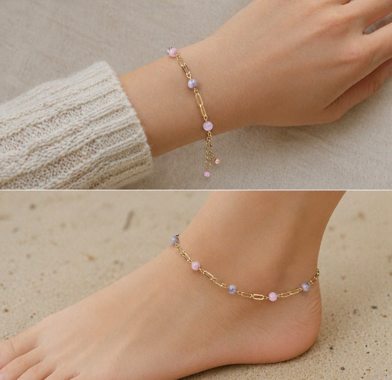 Pink Zebra Jasper Anklet or Bracelet- Gold/Silver Paperclip Jewelry