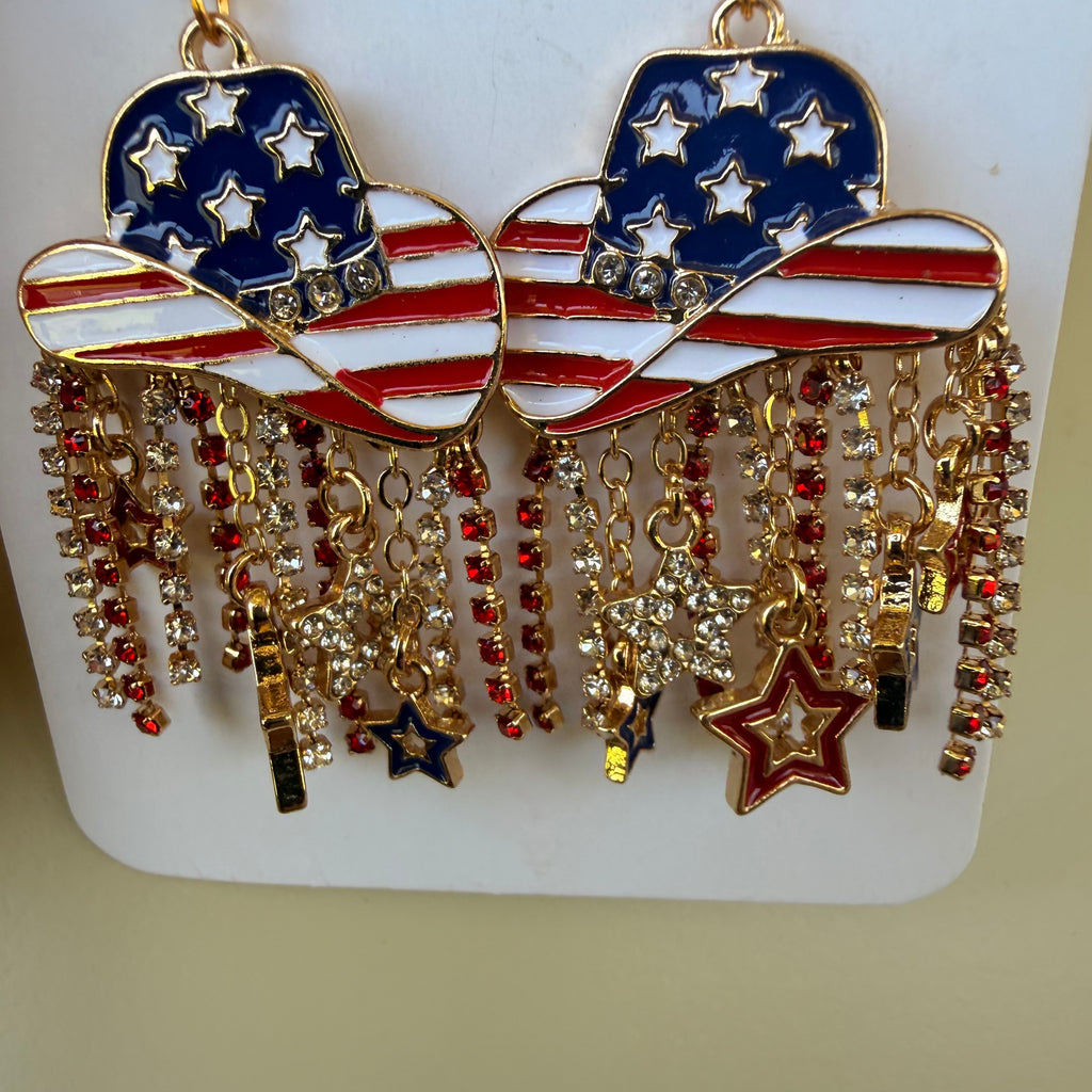 Western Patriotic Jewelry Set: 4th of July Beaded Bracelet & American Flag Cowboy Hat Dangle Earrings with Rhinestones