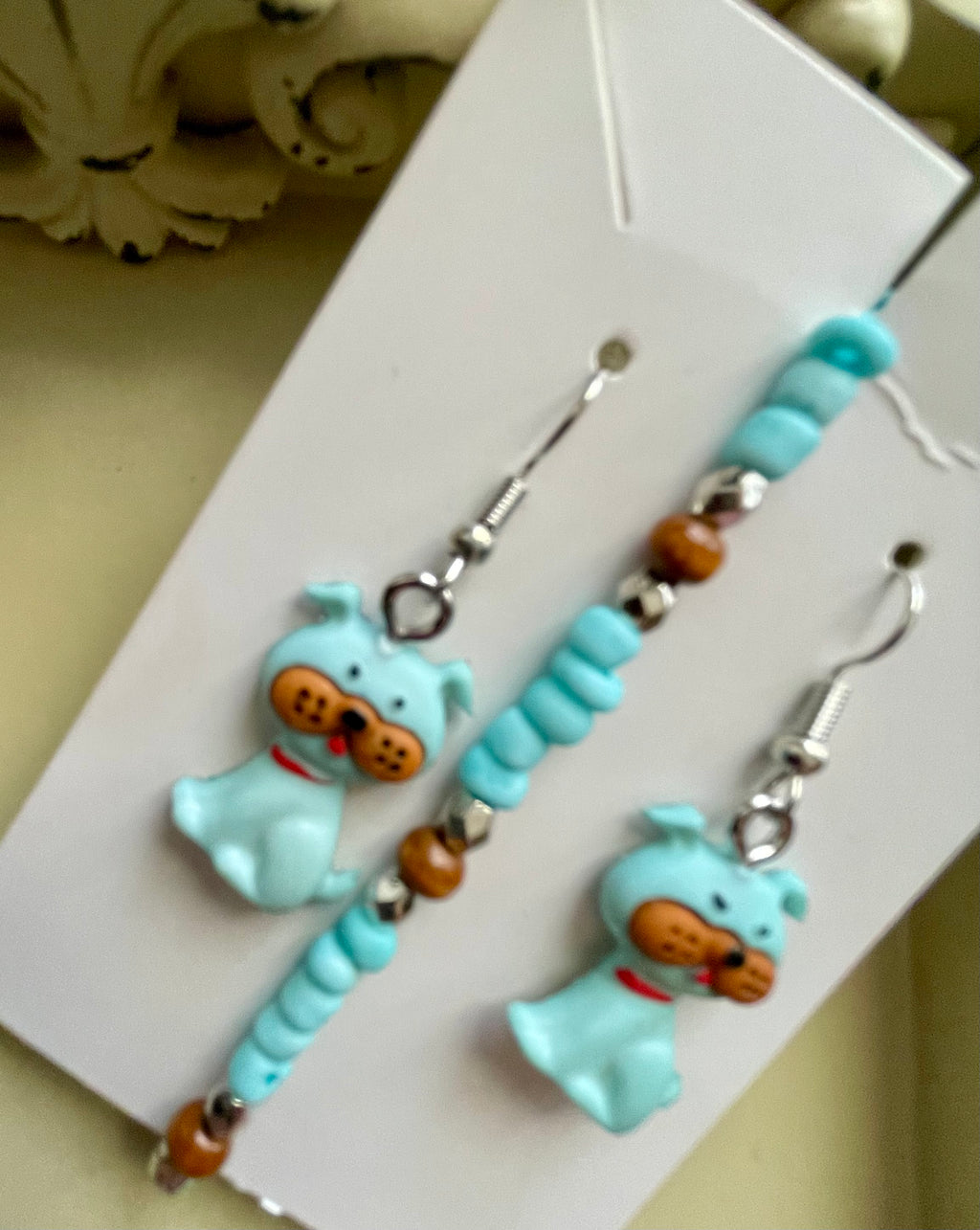 Cute Blue Puppy Earrings & Turquoise Beaded Bracelet Set – Brown Wood Accents Silver Spacers, Adorable Dog Charm Dangles Handmade Pet Lover Gift