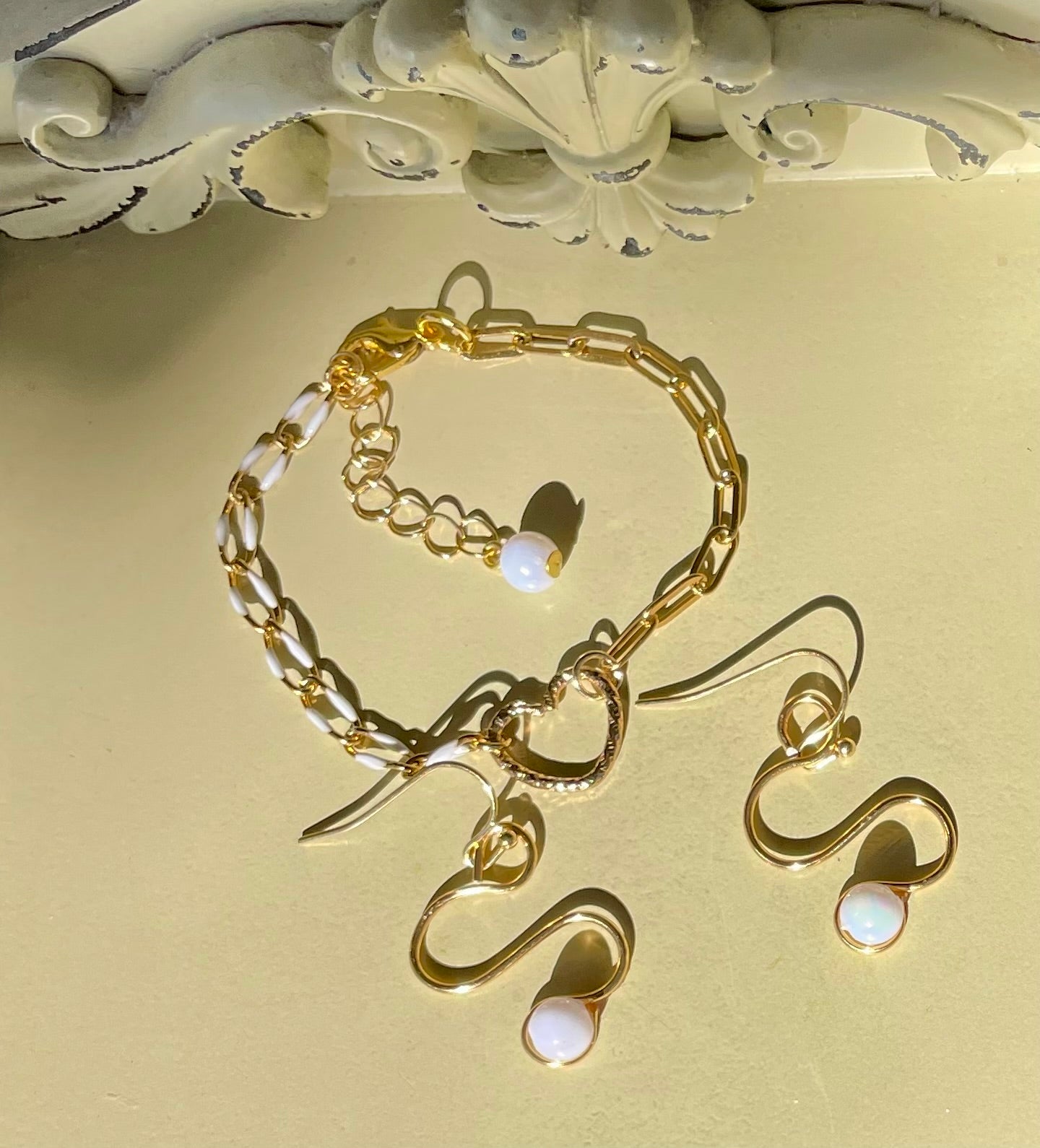 18K Gold Plated PVD Enamel & Opal Mix & Match Mixed Link Jewelry Set - Chunky Paperclip Bracelet Heart Clasp + Opal Dangle Earrings-SublimeDesignsBySuzie