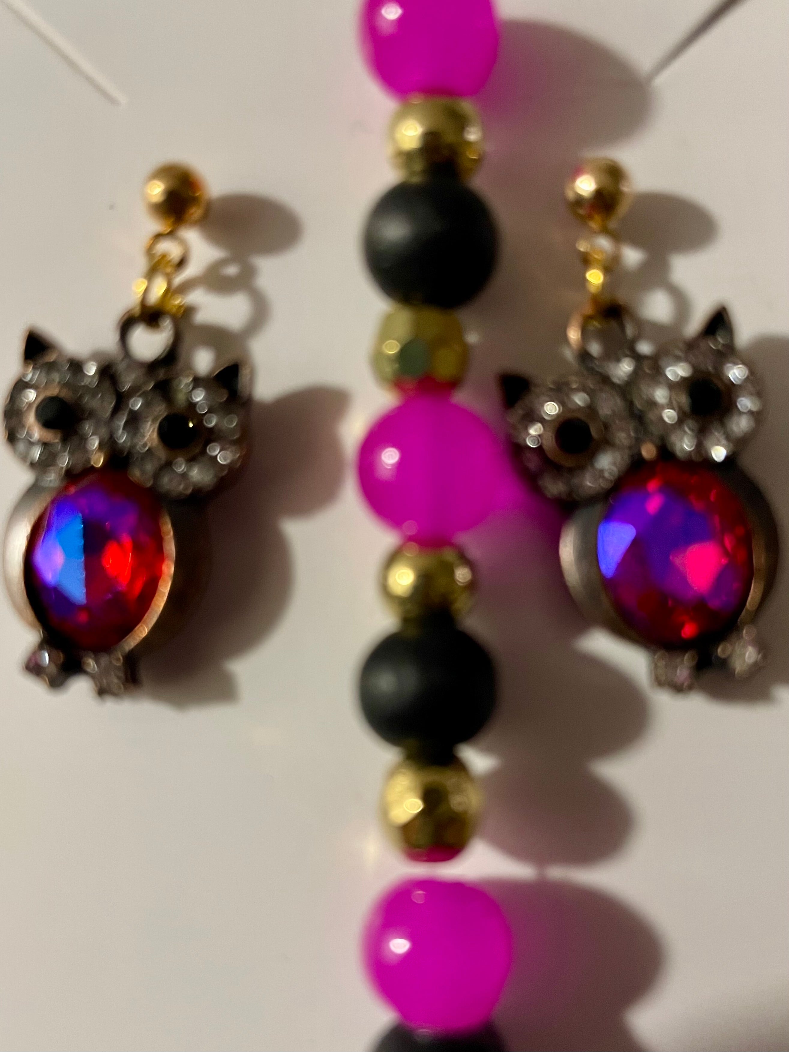 Rhinestone encrusted Owl Dangle Earrings Set