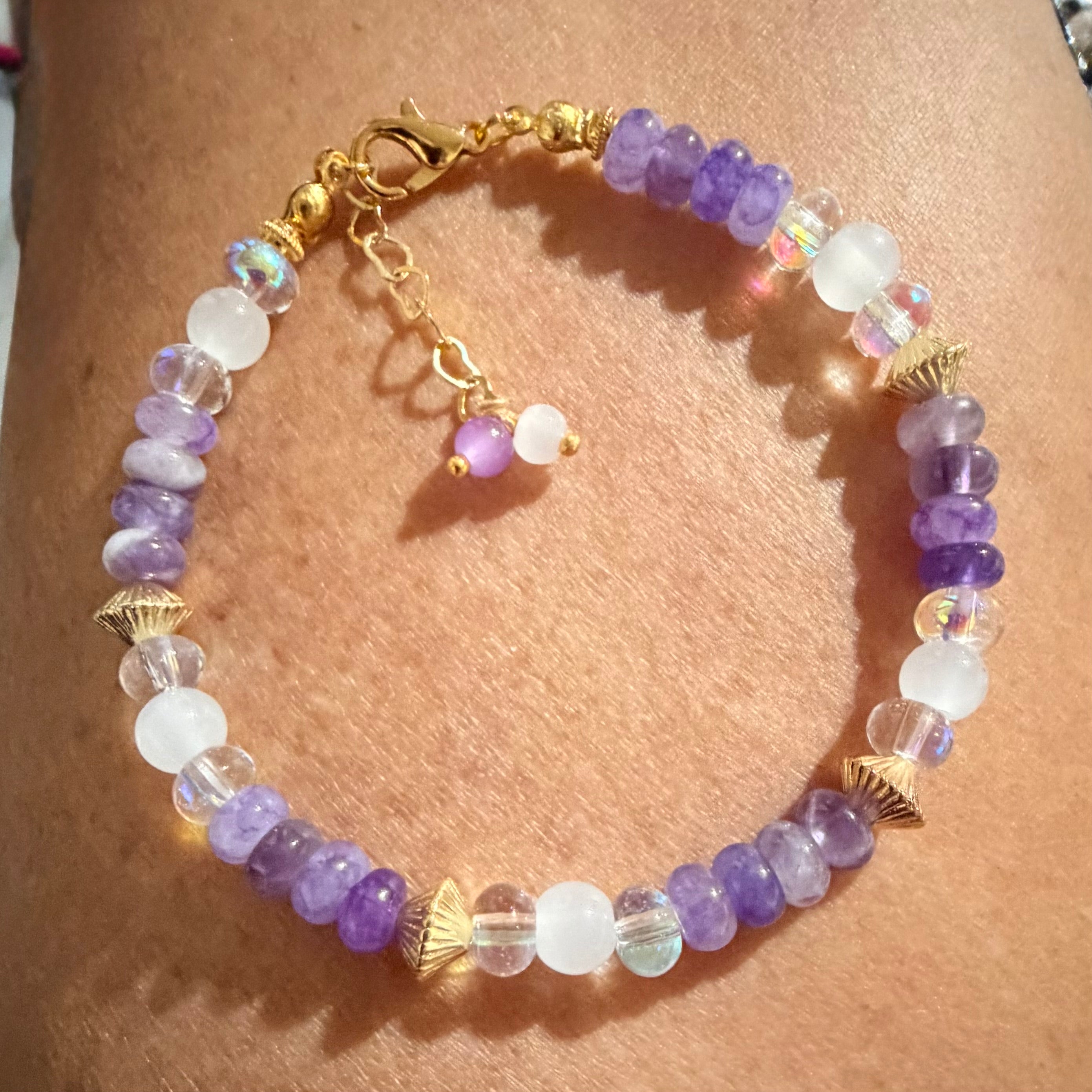 Natural Amethyst and Milky Quartz Gemstone Beaded Bracelet or Anklet with 18K Gold-Plated Findings