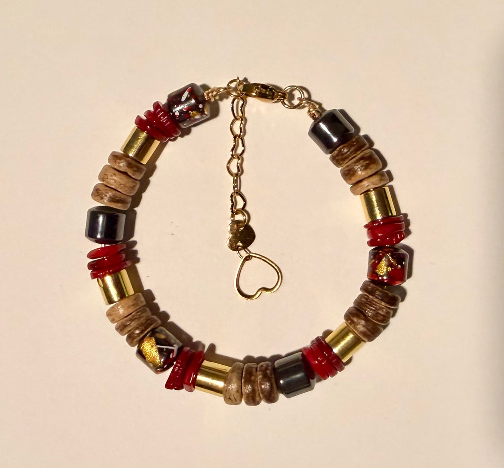 18K Gold Coral & Hematite Bracelet and Hoop Set