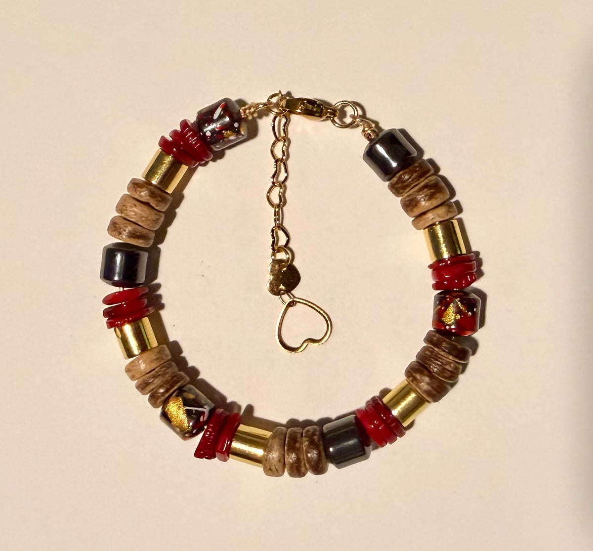 18K Gold Coral & Hematite Bracelet and Hoop Set