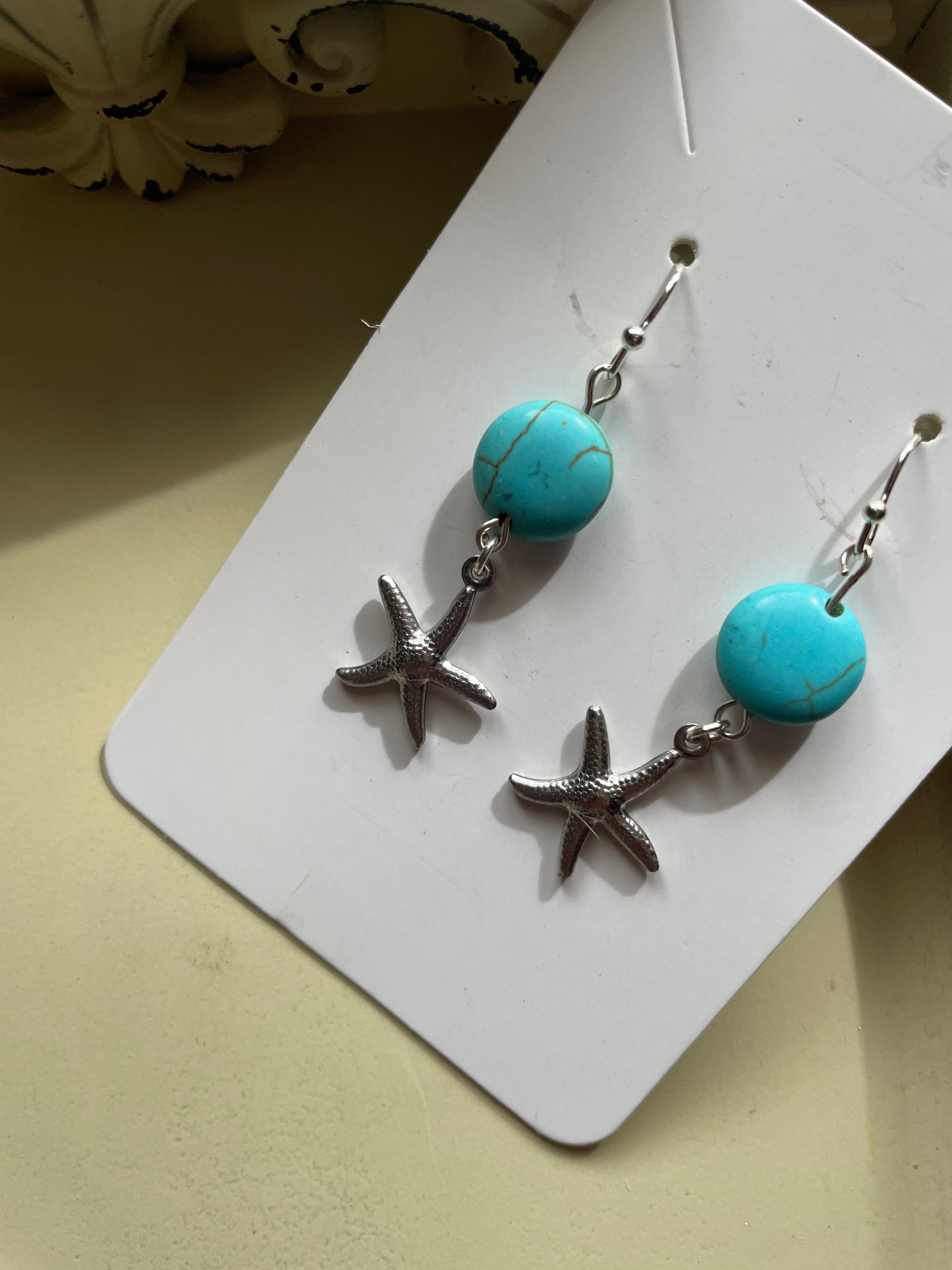 Natural Turquoise Stone and silver starfish earrings