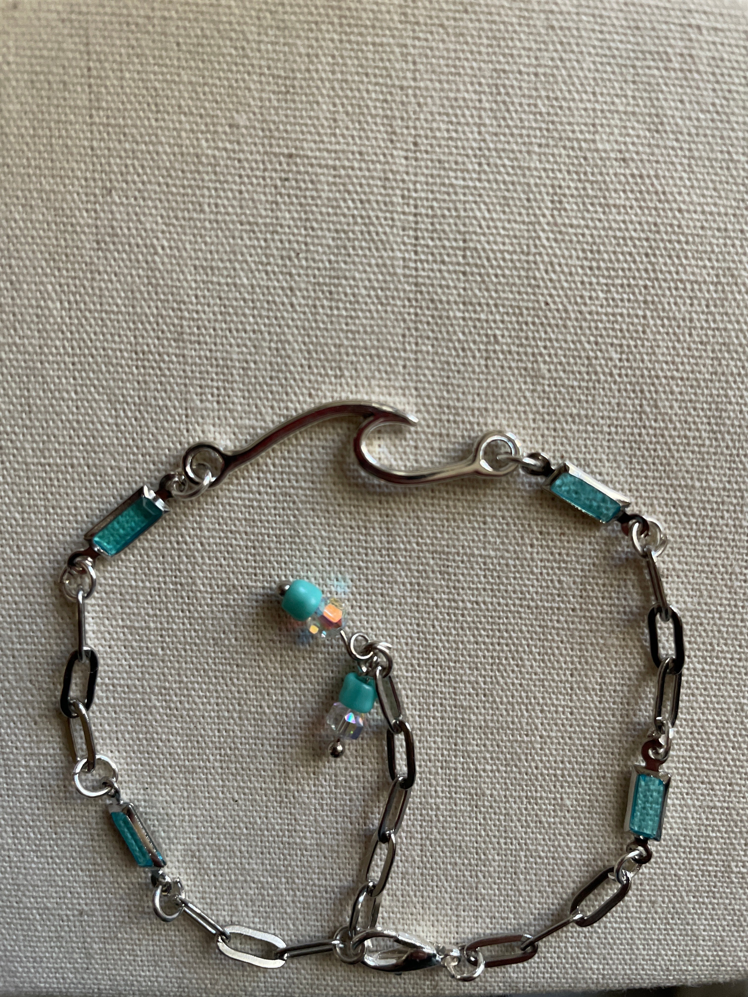 Silver Plated Paperclip Chain Bracelet or Anklet with Rectangular Gemstone Aquamarine Birthstone Bars