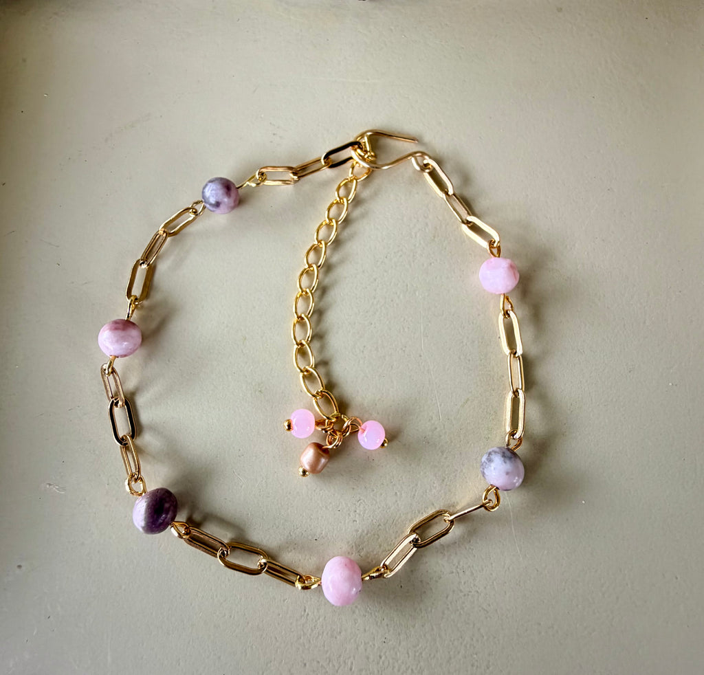 Pink Zebra Jasper Anklet or Bracelet- Gold/Silver Paperclip Jewelry
