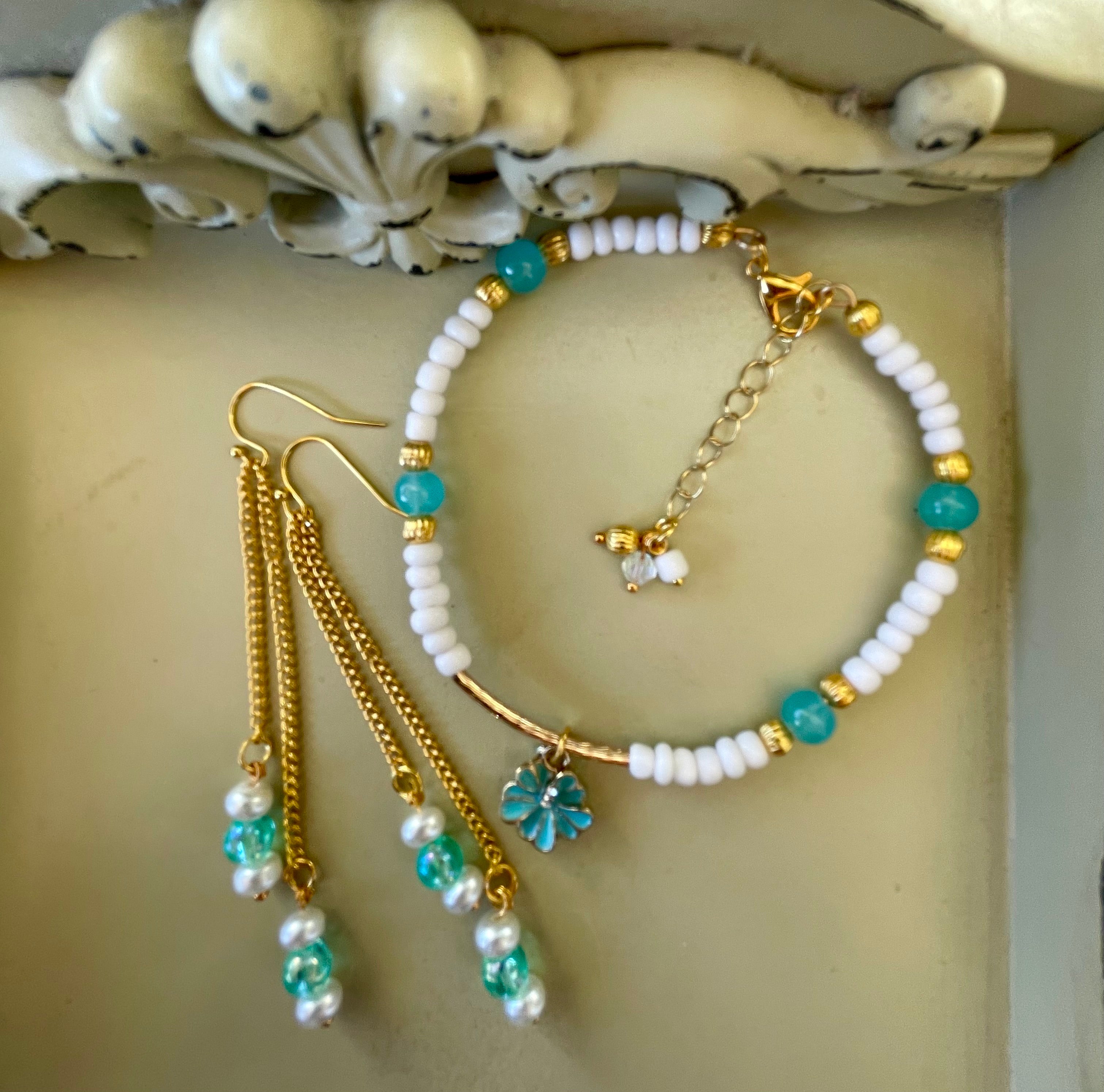 Turquoise & Pearl Gold Plated PVD Beaded Bracelet or Anklet & Dangle Earrings Set - Bohemian Beach Style, Flower Charm, Handmade Gift made by Suzie with Sublime Designs