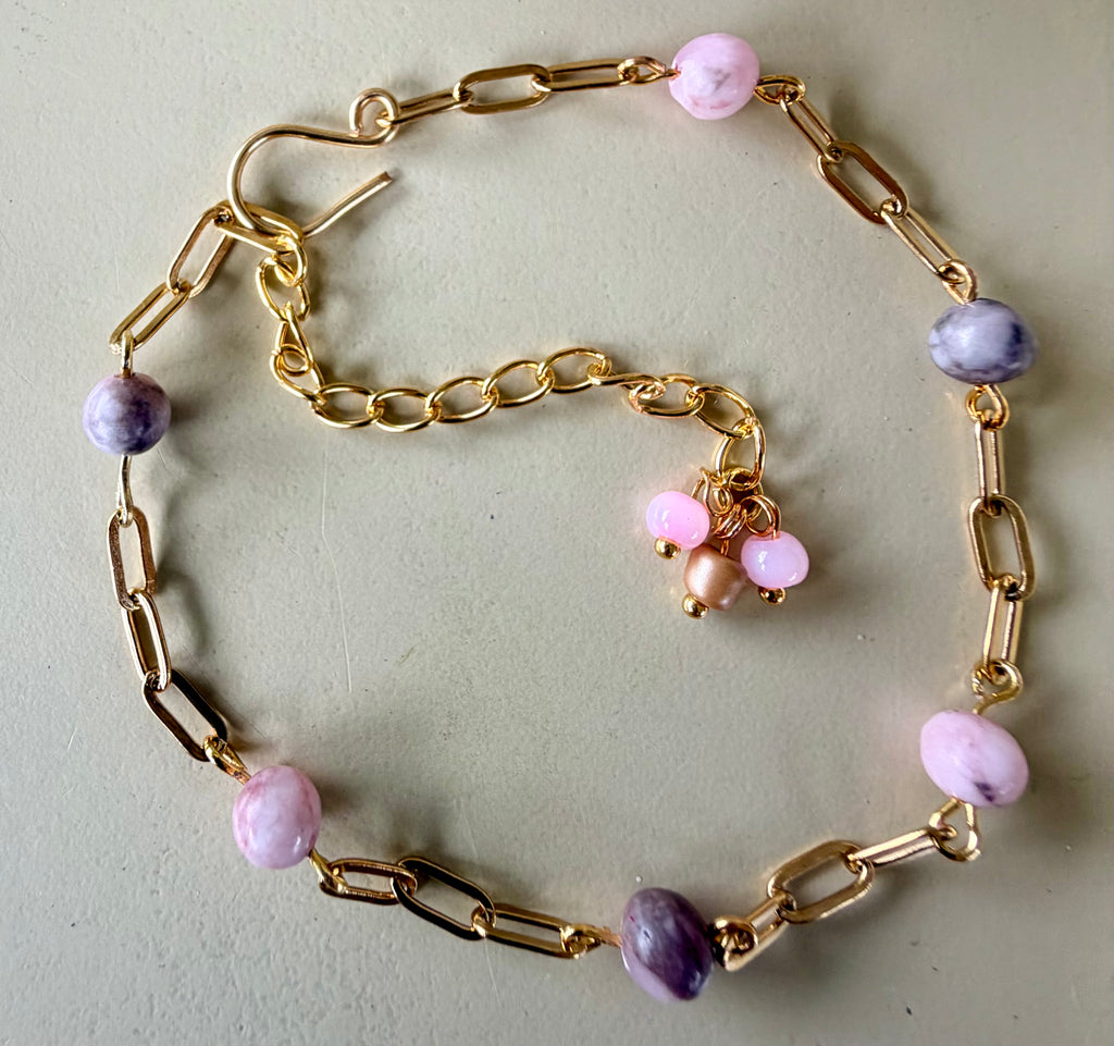 Pink Zebra Jasper Anklet or Bracelet- Gold/Silver Paperclip Jewelry