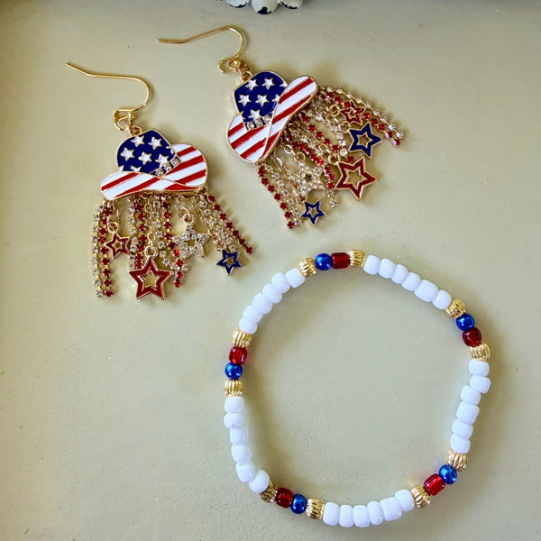 Western Patriotic Jewelry Set: 4th of July Beaded Bracelet & American Flag Cowboy Hat Dangle Earrings with Rhinestones