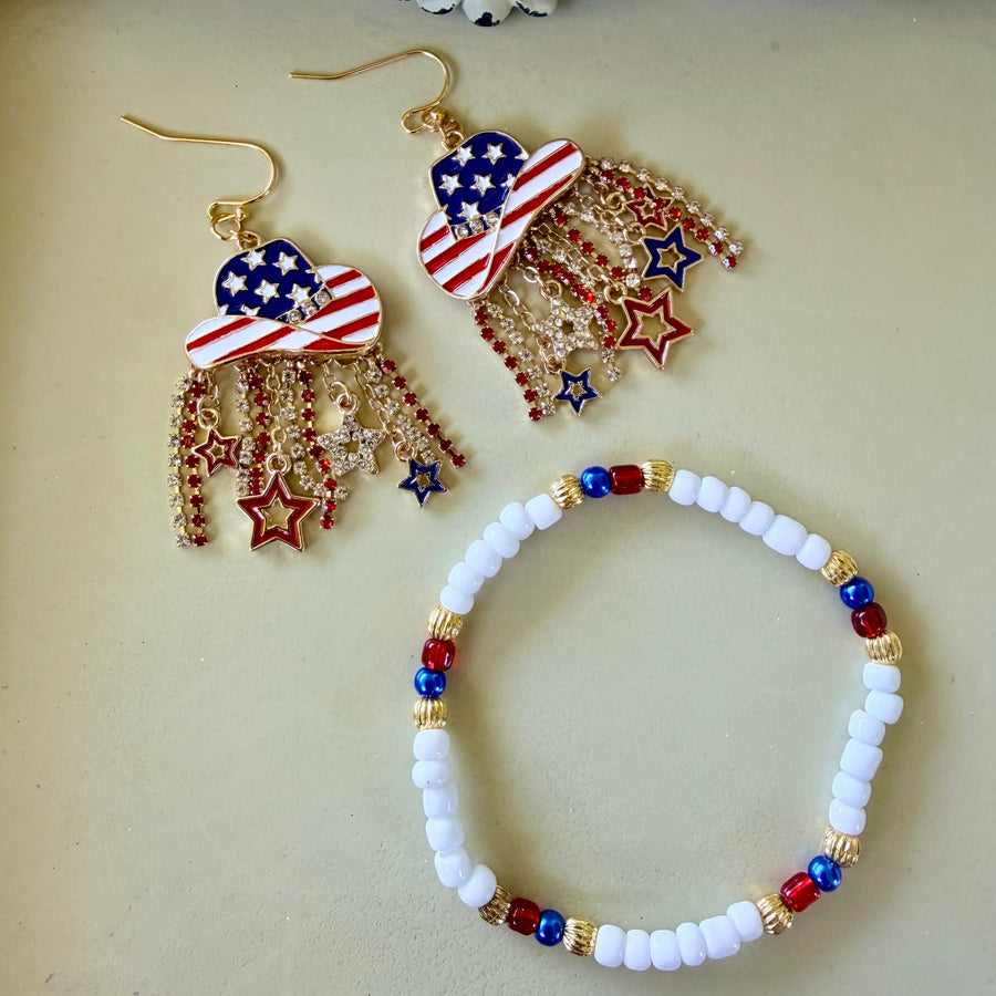 Western Patriotic Jewelry Set: 4th of July Beaded Bracelet & American Flag Cowboy Hat Dangle Earrings with Rhinestones